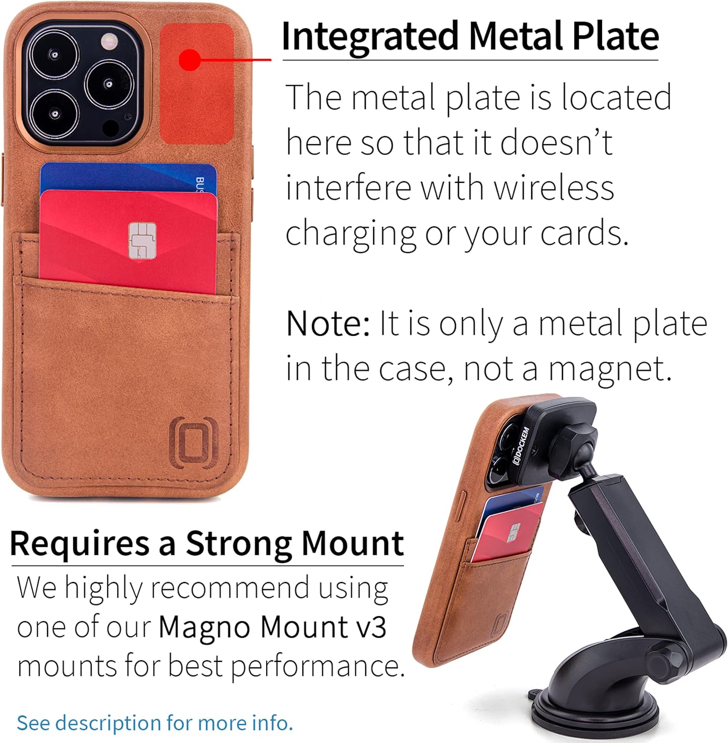 Dockem Genuine Leather Card Case for iPhone 13 Pro with Built-in Metal Plate for Magnetic Mounting, Stitched-on Wallet with 2 Credit Card Holders, 6.1" Pro M2GL [Light Brown]