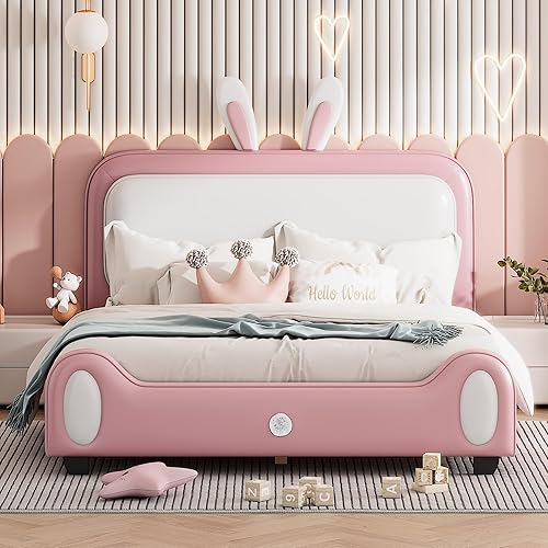 Cama de princesa tapizada en forma de conejo de tamaño matrimonial con cabecero y estribo, cama de plataforma de piel sintética para niños y niñas