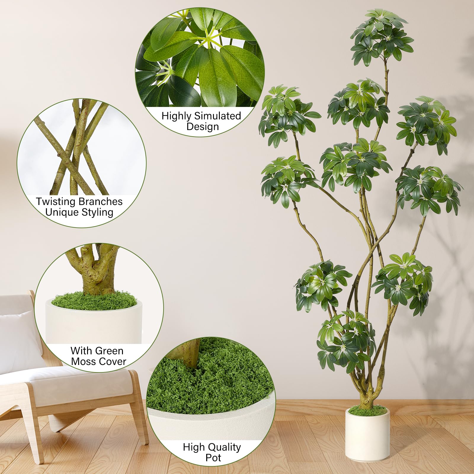 Garvee Künstlicher Schirm Scheffler Baum 210 cm, Künstliche Pflanzen Groß wie echt mit Stamm aus Naturholz, Kunstbaum Groß für Wohnzimmer, Schlafzimmer, Büro, Garten