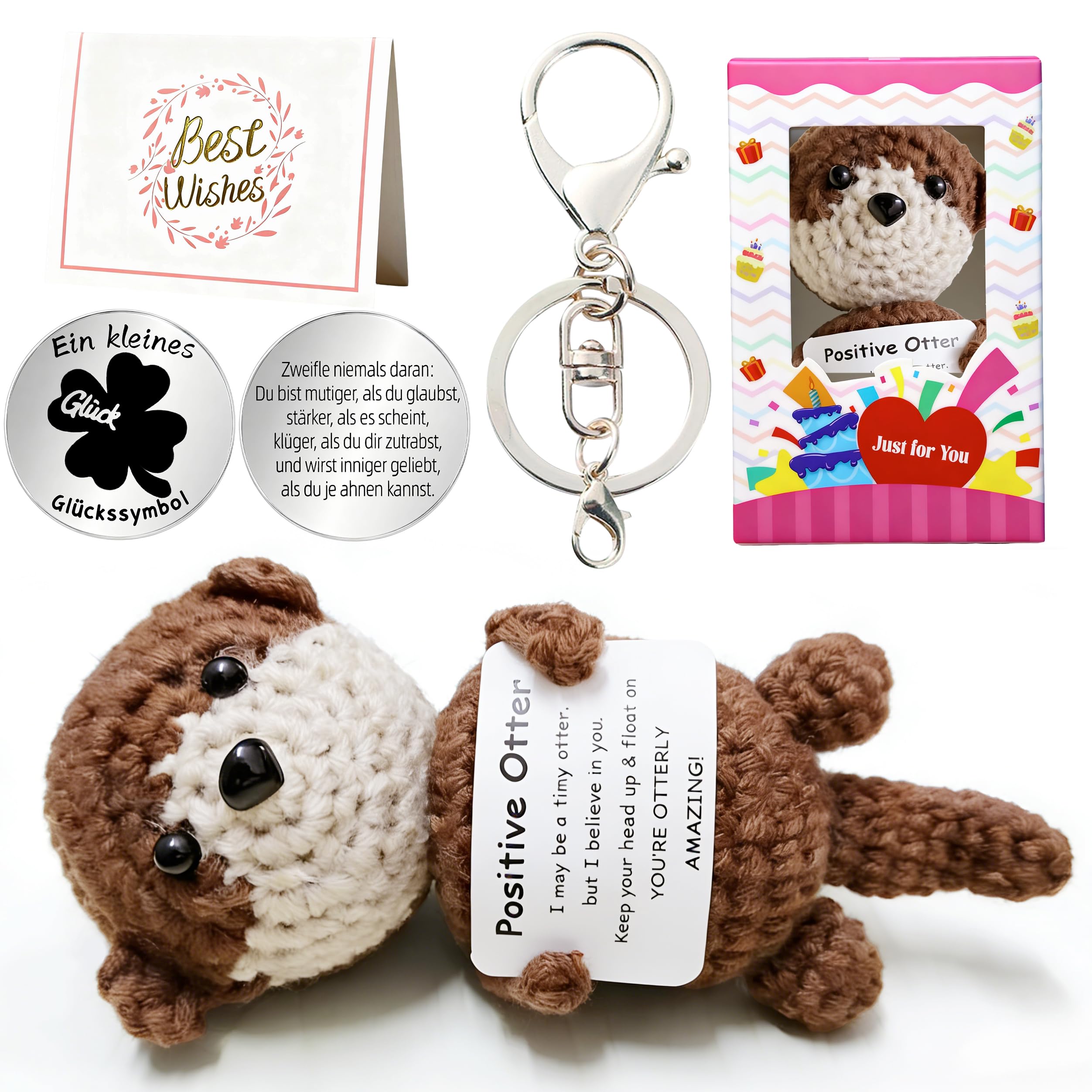 MLZTINGR Handgehäkelter Glücksotter Ötterchen Geschenkset - Inkl. Glücksmünze & Geschenkbox - Süßer Pocket Hug für mehr Positivität