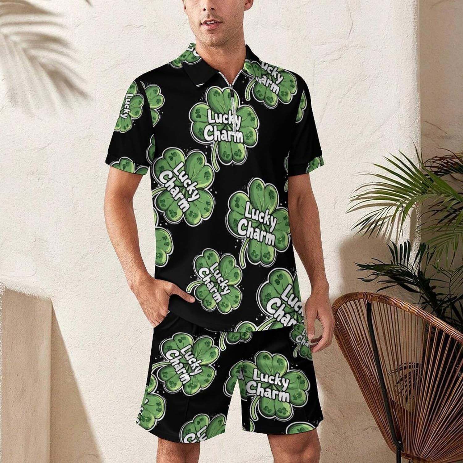 Shamrock St Patricks Day Mens Polo Shirts Track Suits 2 Piece Short Sleeve Sweatsuit 1/4 Zip Golf Loungewear for Sports