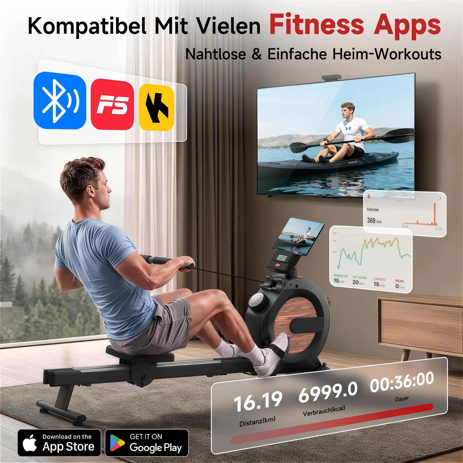 Dskeuzeew Rudergerät für Zuhause, 16 Widerstandsstufen, Bluetooth-APP