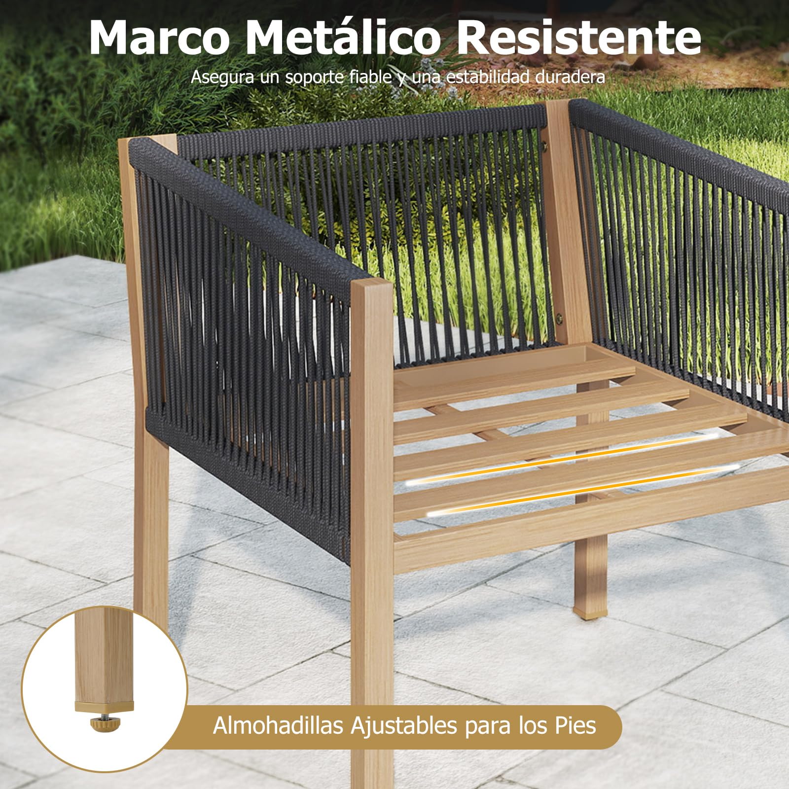 COSTWAY Conjunto Jardin Exterior, Juego de Bistró de Patio de 3 Piezas, Conjunto de Muebles de Conversación de Cuerda Tejida con Cojines, Juego de Mesa Auxiliar y Sillas de Exterior para Porche Balcón