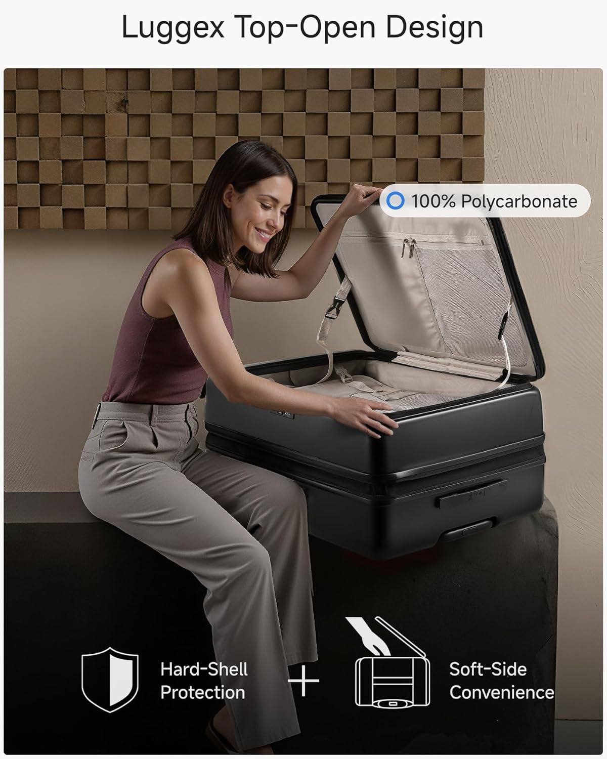 LUGGEX Checked Suitcase with Spinner Wheels, FLO5 Expandable Polycarbonate Hard Shell Suitcase with TSA Approved Lock (FX-Core, Black, 28 Inch) - Image 2