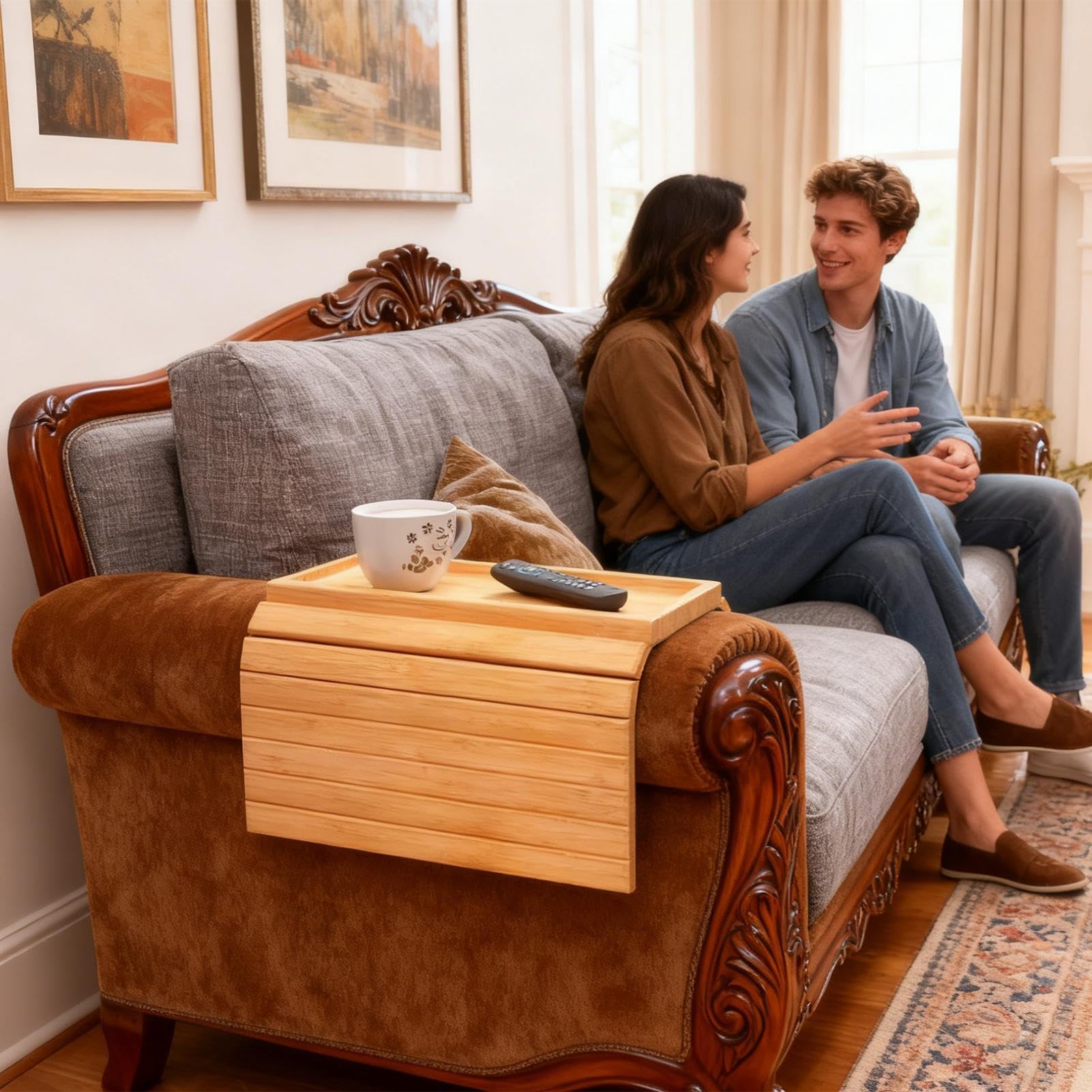 Mesa plegable con reposabrazos de madera con cojín antideslizante, bandeja ideal para sala de estar, café, aperitivos, teléfono y soporte para control remoto