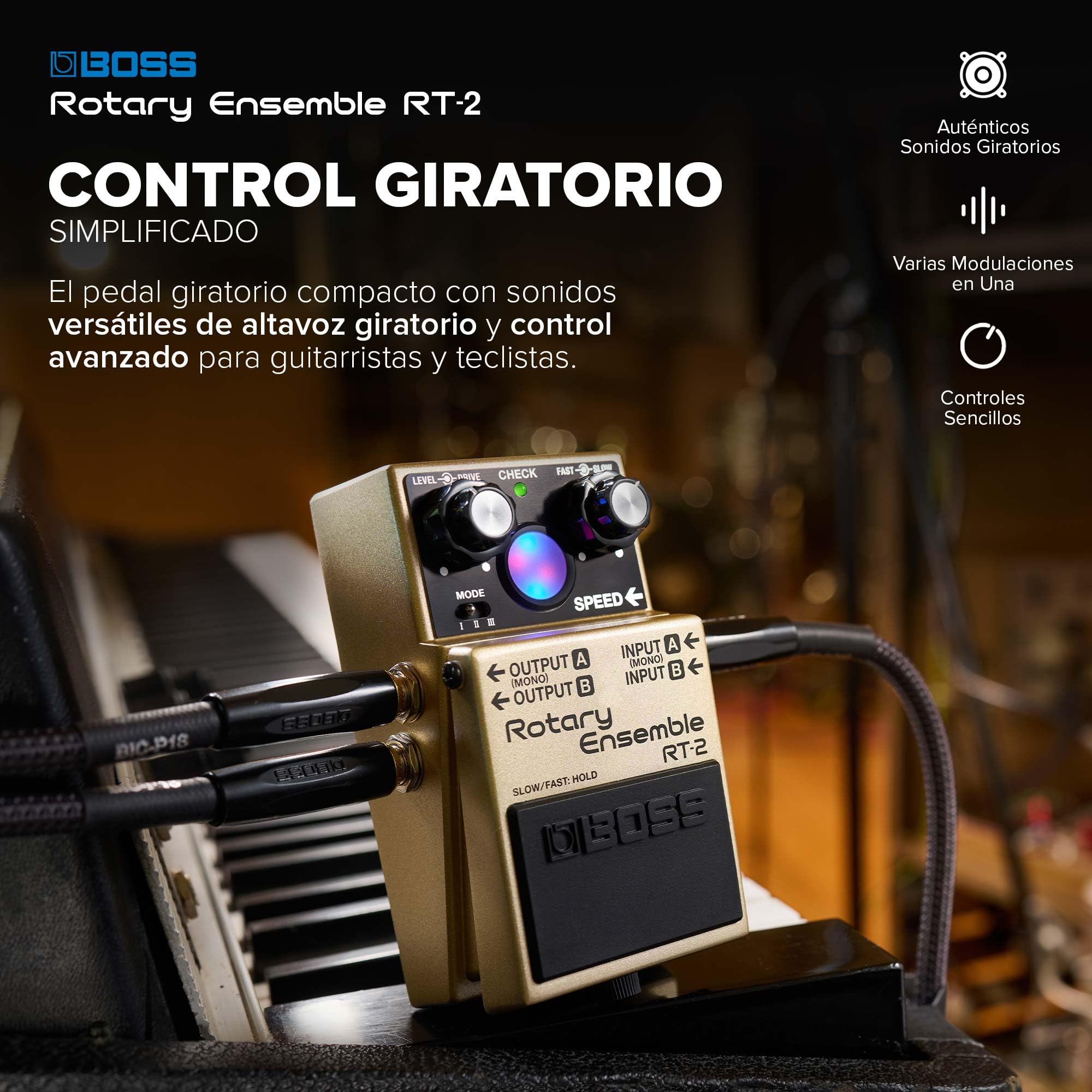 BOSS RT-2 | Pedal Rotary Ensemble compacto | Auténticos sonidos de altavoz giratorio | A medida para guitarristas y teclistas | 3 modos versátiles | Varios FX de modulación en uno
