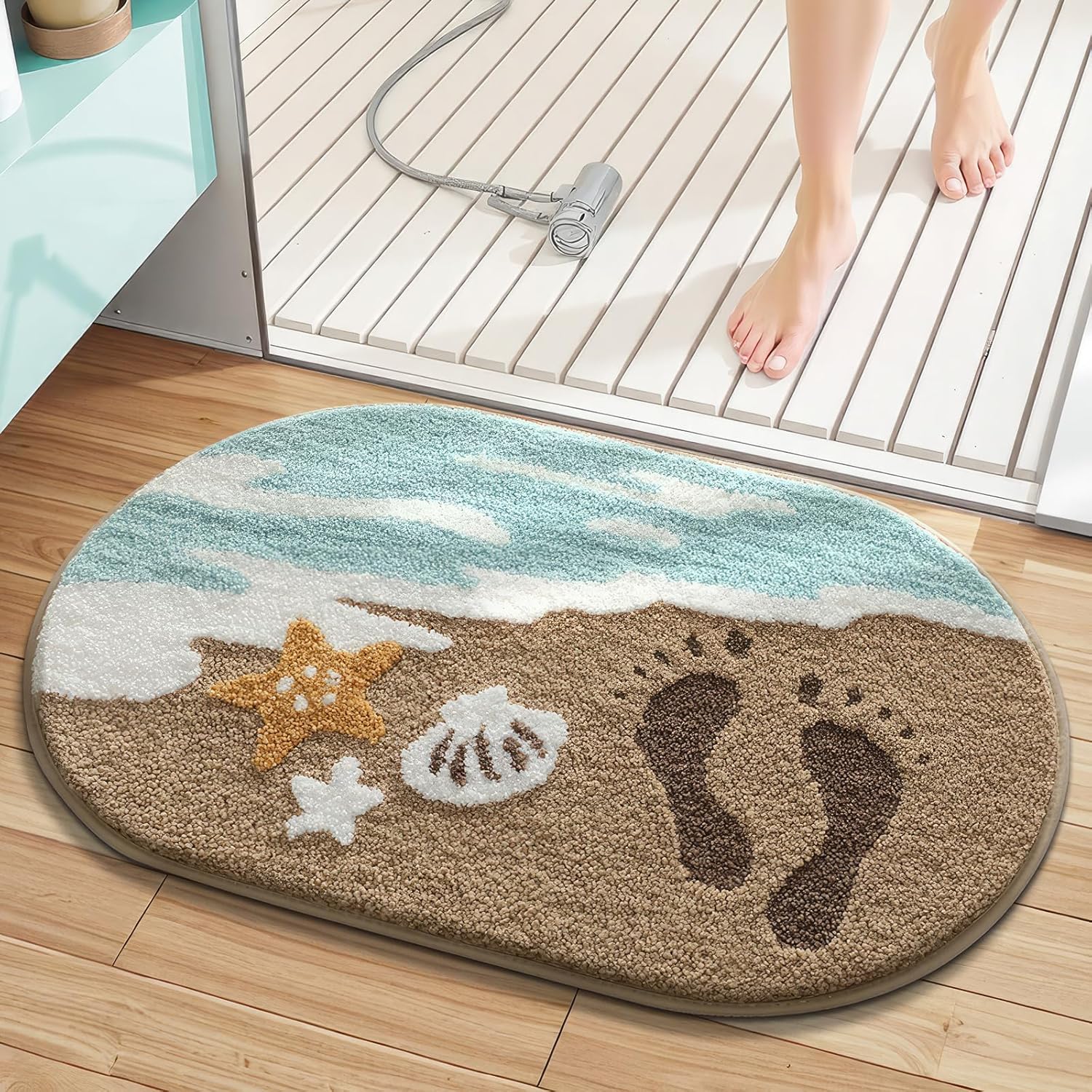 Beach-Themed Ultra-Plush Bath Mat, Wave Sand Shells Bathroom Rugs with Non-Slip Backing, Absorbent Microfiber Starfish Bath Rug, Machine Washable Coastal Bath Mats for Home Decor 20x32In (Sand Beige)