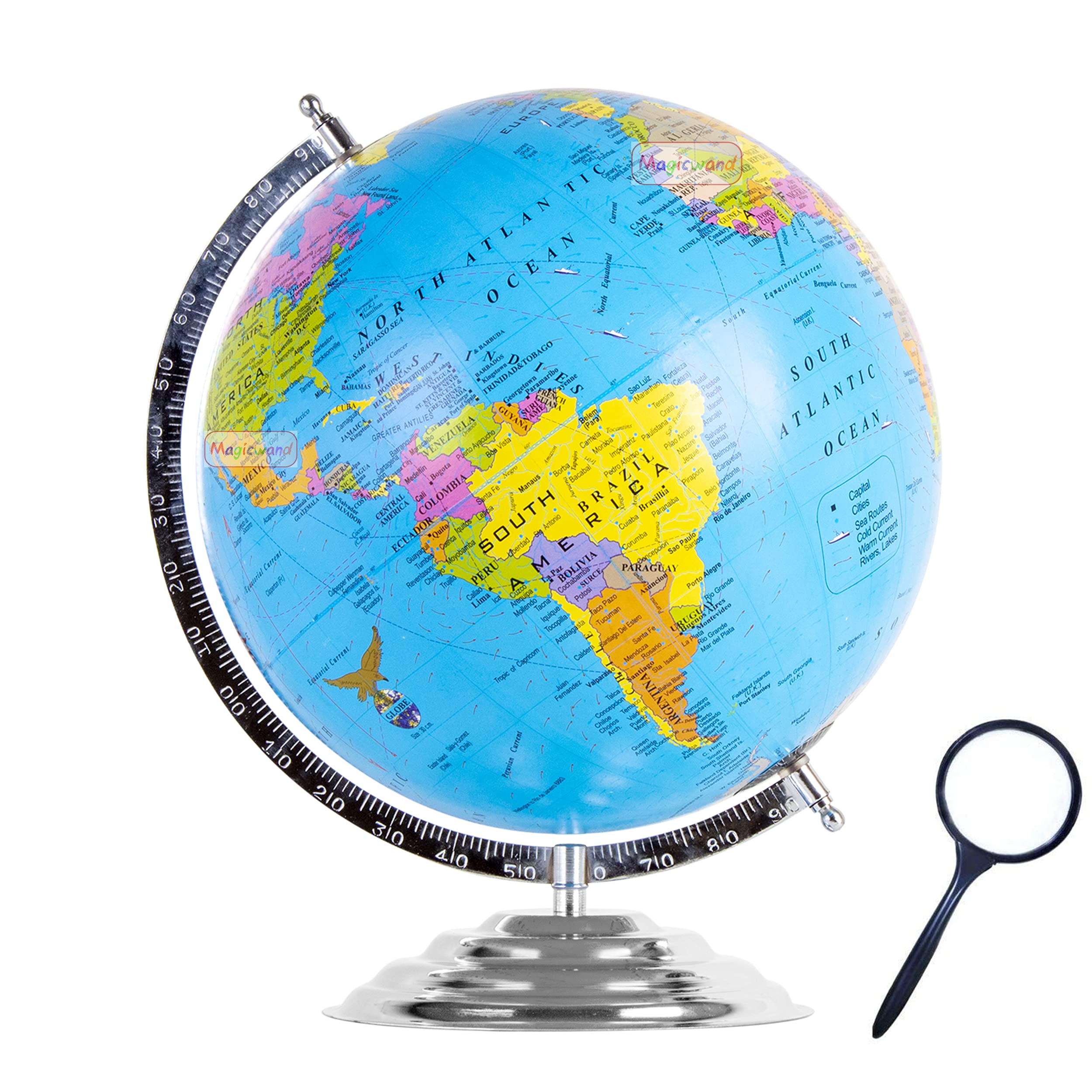 Magicwand【15 inch ht Chrome with Magnifier】Political Educational Laminated Rotating World Globe with Metal Base