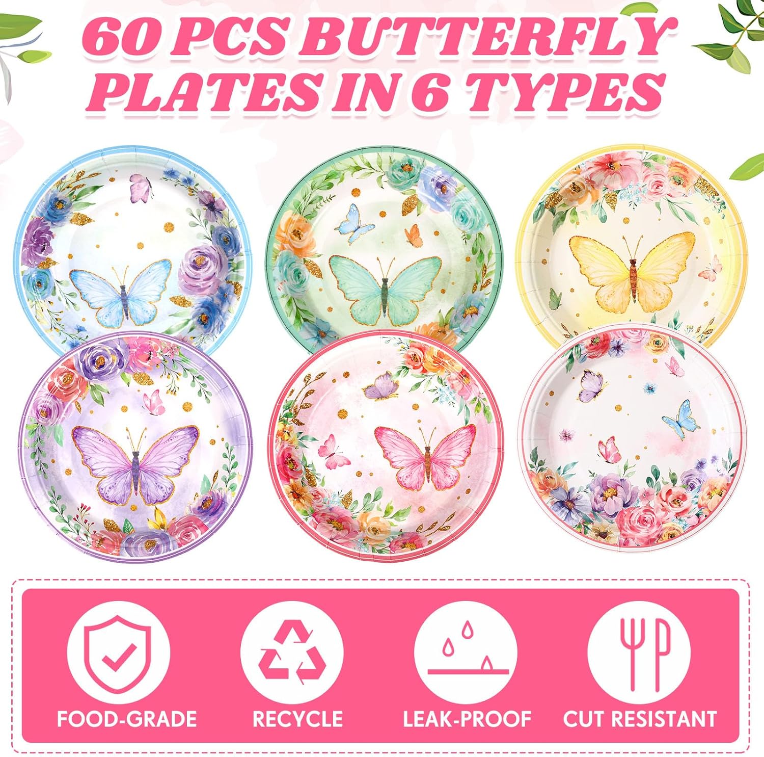 60 Pcs 7 Inch Butterfly Birthday Party Plates Floral Paper Plates Spring Butterfly Party Disposable Dinnerware Decoration for Baby Shower Bridal Wedding Supplies - Image 3