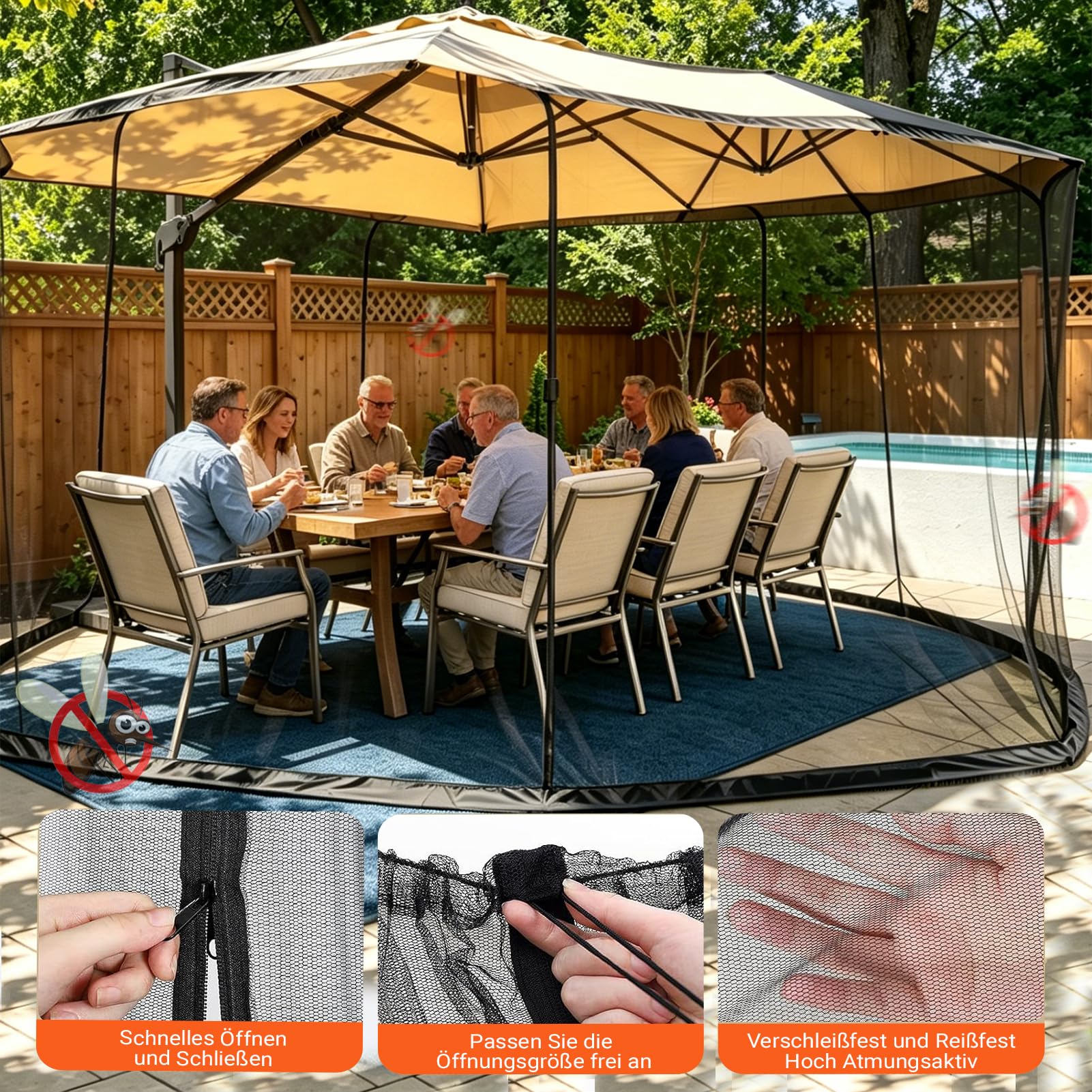 Moskitonetz Pavillon Fliegengitter 3 x 3 m: Insektenschutznetz Reißverschluss Gazebo Netting Verstellbares Pergola Mosquito Net Feinmaschig Outdoor Garten Hof Patio Camping (Schwarz, 300x300x230cm)