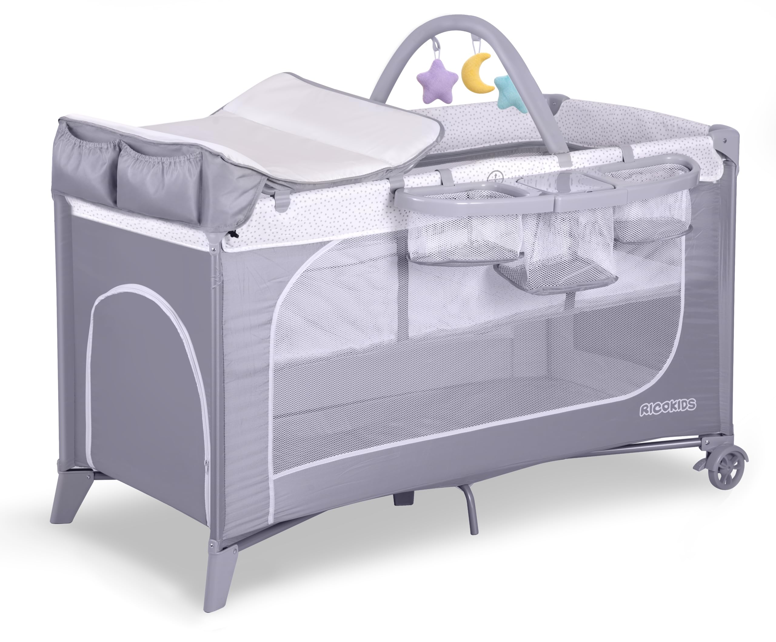 Ricokids Łóżeczko turystyczne dla niemowląt z materacem 123,5 x 65 x 76 cm do 15 kg 2 koła z hamulcami Szare