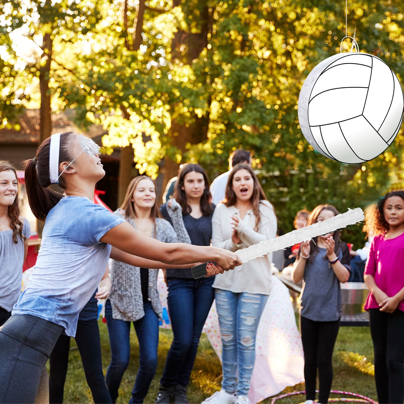 Pasimy Piñata de voleibol para fiesta de cumpleaños de 15.6 x 15.6 pulgadas, piñata de fiesta temática deportiva con palo y venda para los ojos, piñata de voleibol, suministros de fiesta de cumpleaños