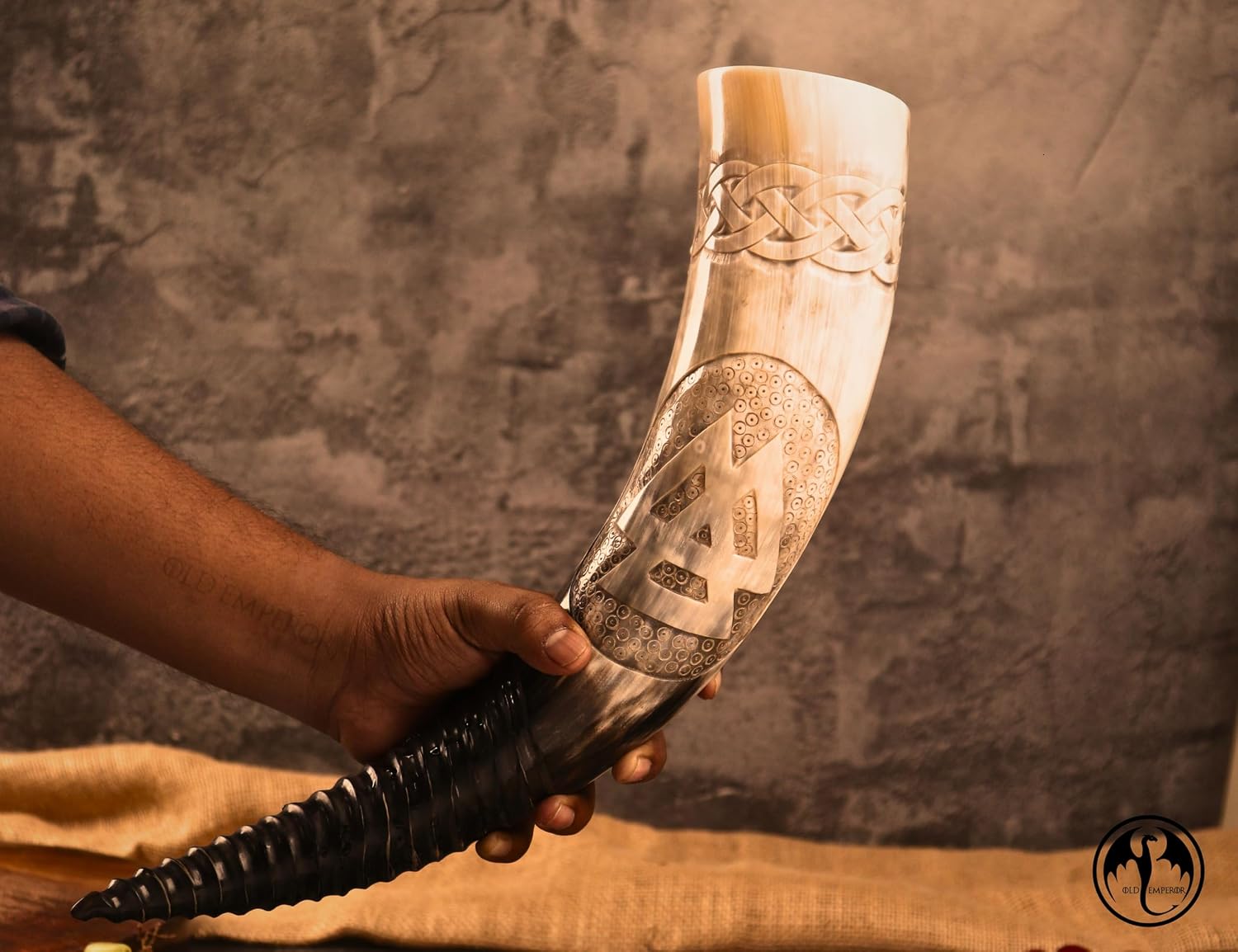 Viking Drinking Horn with Stand | Large Hand Engraved Valknut Natural Ox Horn Food Safe, Shine Finish | Unique Norse Viking Gifts for Men & Women | Medieval Mead & Ale Drinking