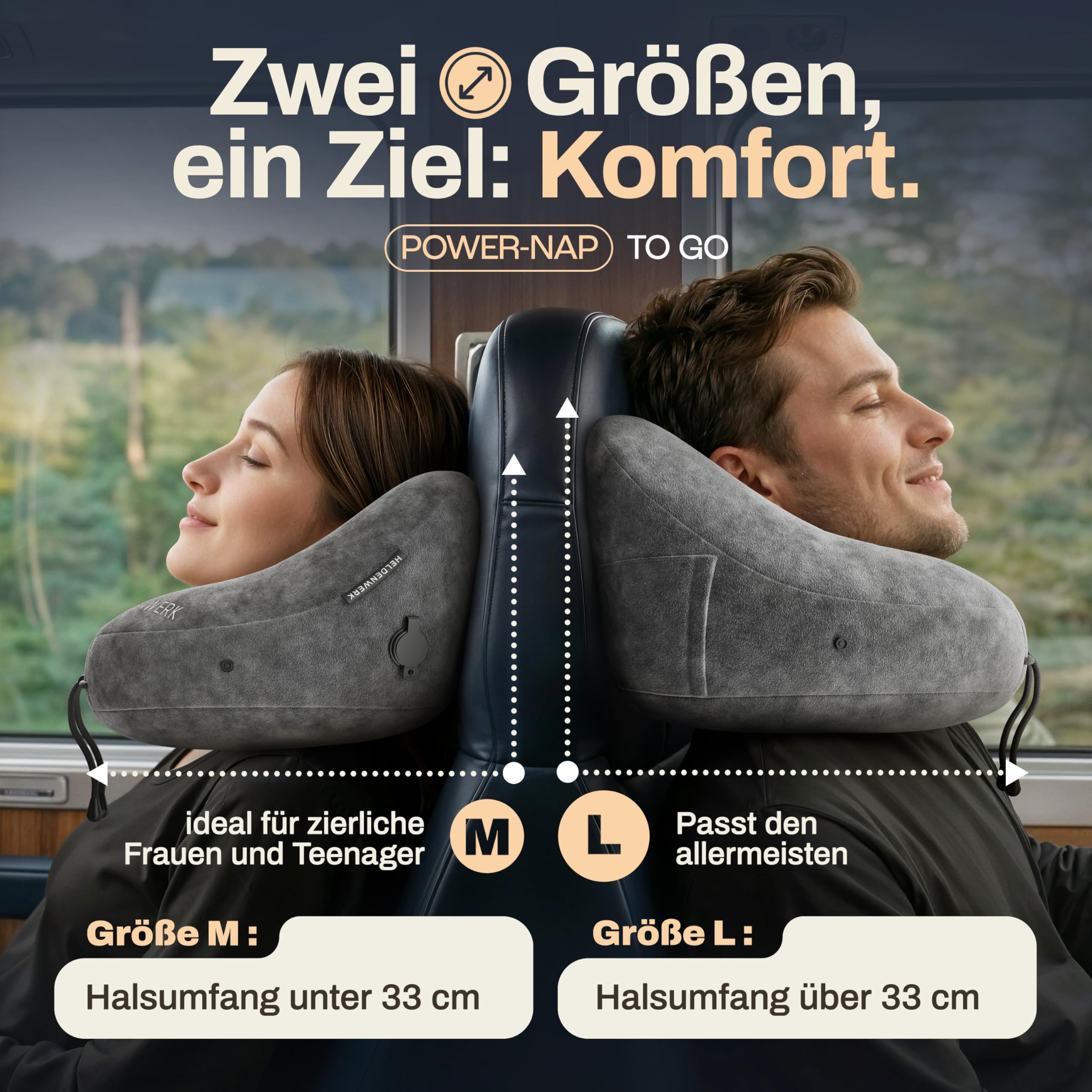 HELDENWERK® Premium Air Cuscino cervicale gonfiabile da viaggio per auto | Design ErgoRing, 5 posizioni di sonno, con cappuccio rimovibile, gonfiabile in pochi secondi, 100% impermeabile