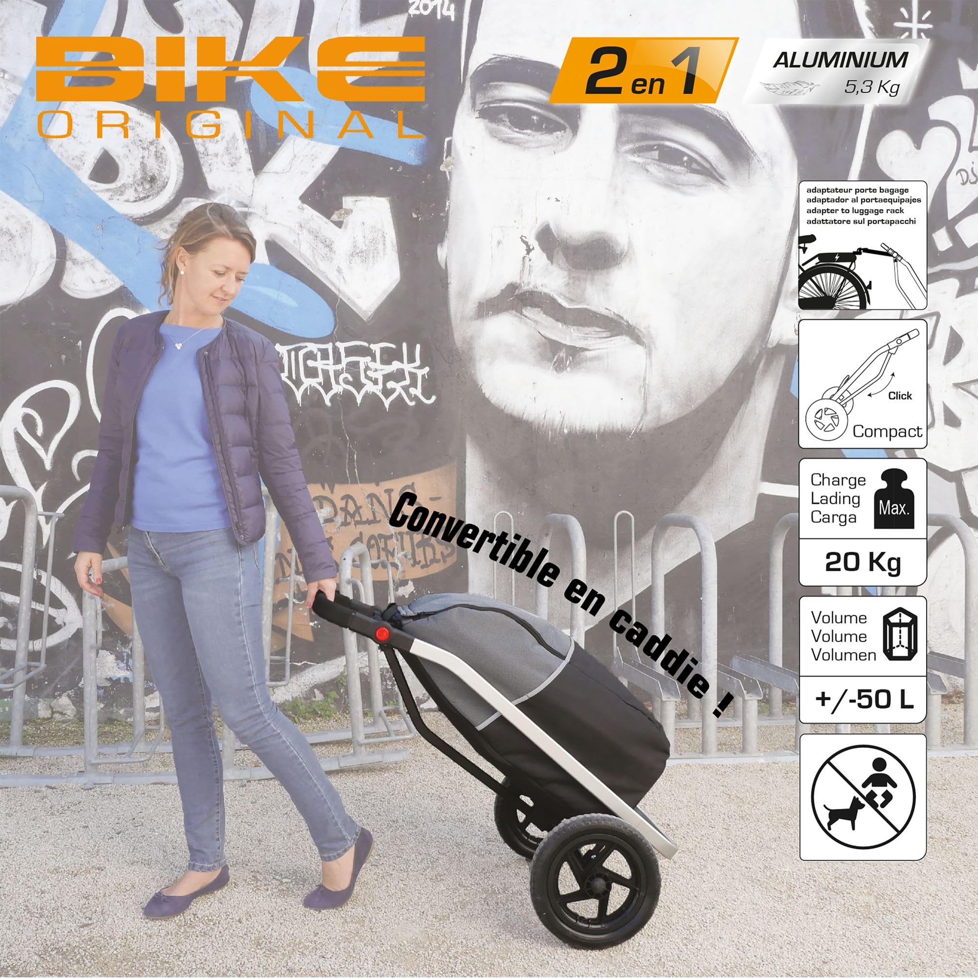 Remorque de vélo 50L 20kg roues gonflables compatible e-Bike VTT ville route