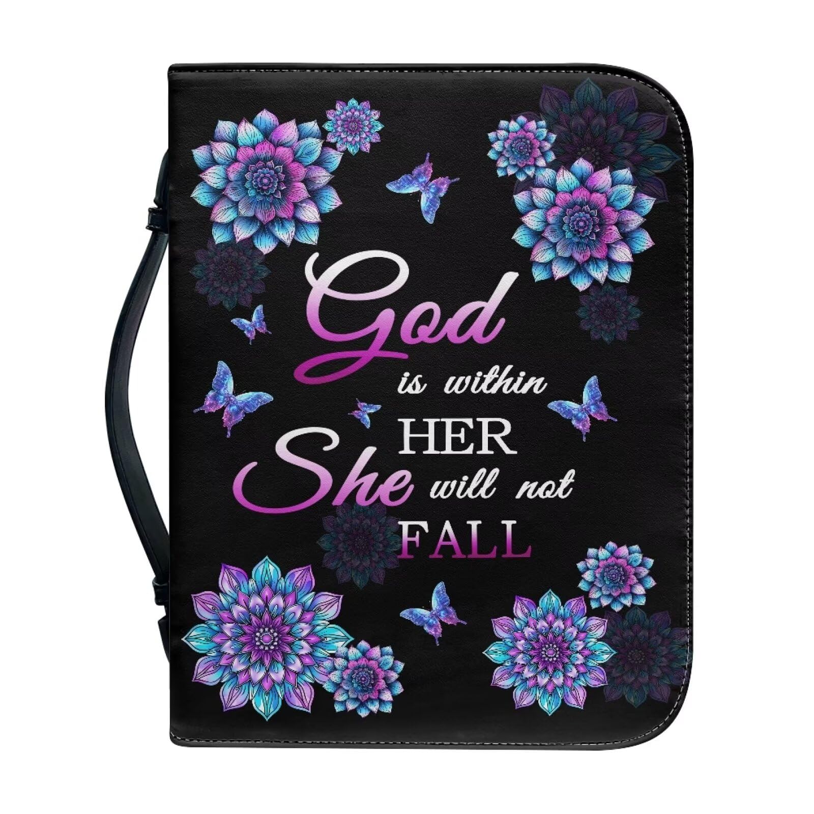 Suobstales Custodia in pelle con stampa mandala e farfalle, per donne e uomini, con scritta "God is Within Her Bibbia", borsa da trasporto con manico e tasca, organizer portapenne, L
