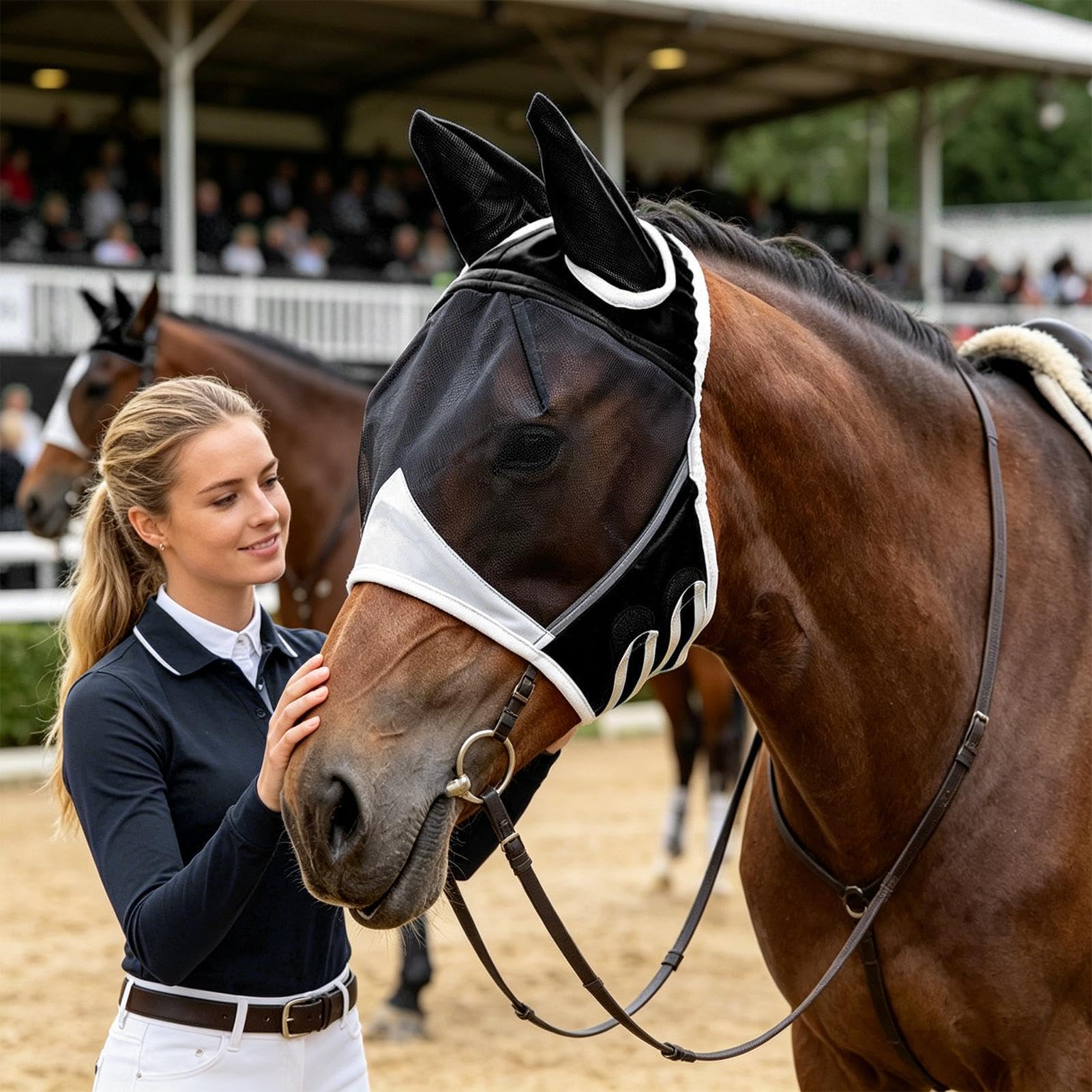 Masque Anti-moustiques pour Chevaux - Filet Respirant en avec Protection UV,Couvre-tête Demi-Visage avec Oreilles et Bandeau élastique - pour Bétail Vache Ferme Campagne Toutes Saisons