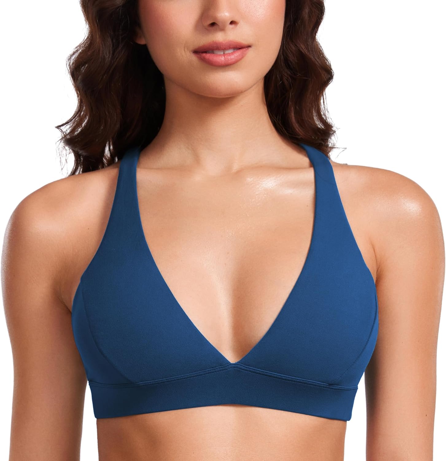 CRZ YOGA Butterluxe Deep V-Neck Sports Bras for Women - Spaghetti Strap Criss Cross Padded Top Low Coverage Wireless Yoga