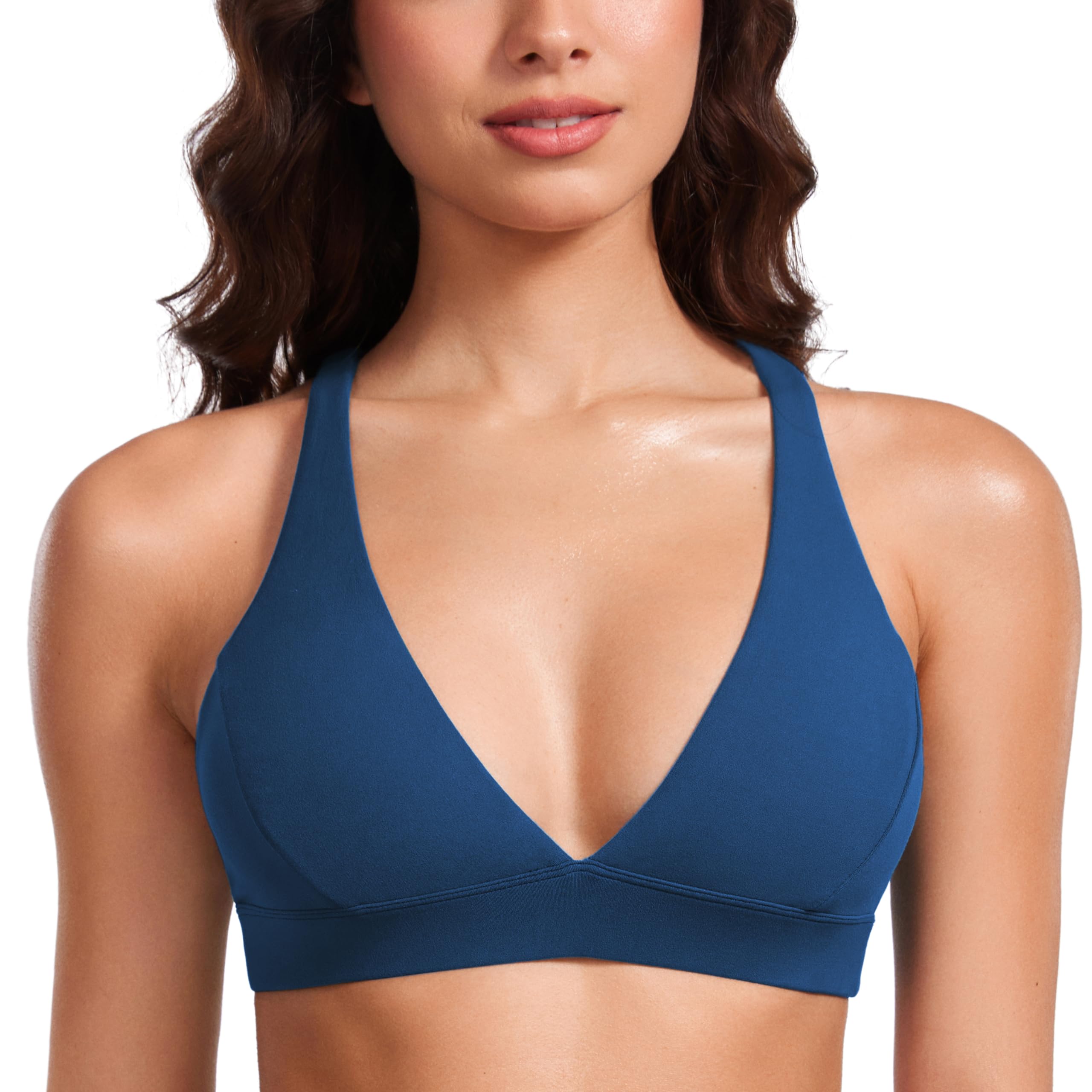 CRZ YOGA Butterluxe Deep V-Neck Sports Bras for Women - Spaghetti Strap Criss Cross Padded Top Low Coverage Wireless Yoga