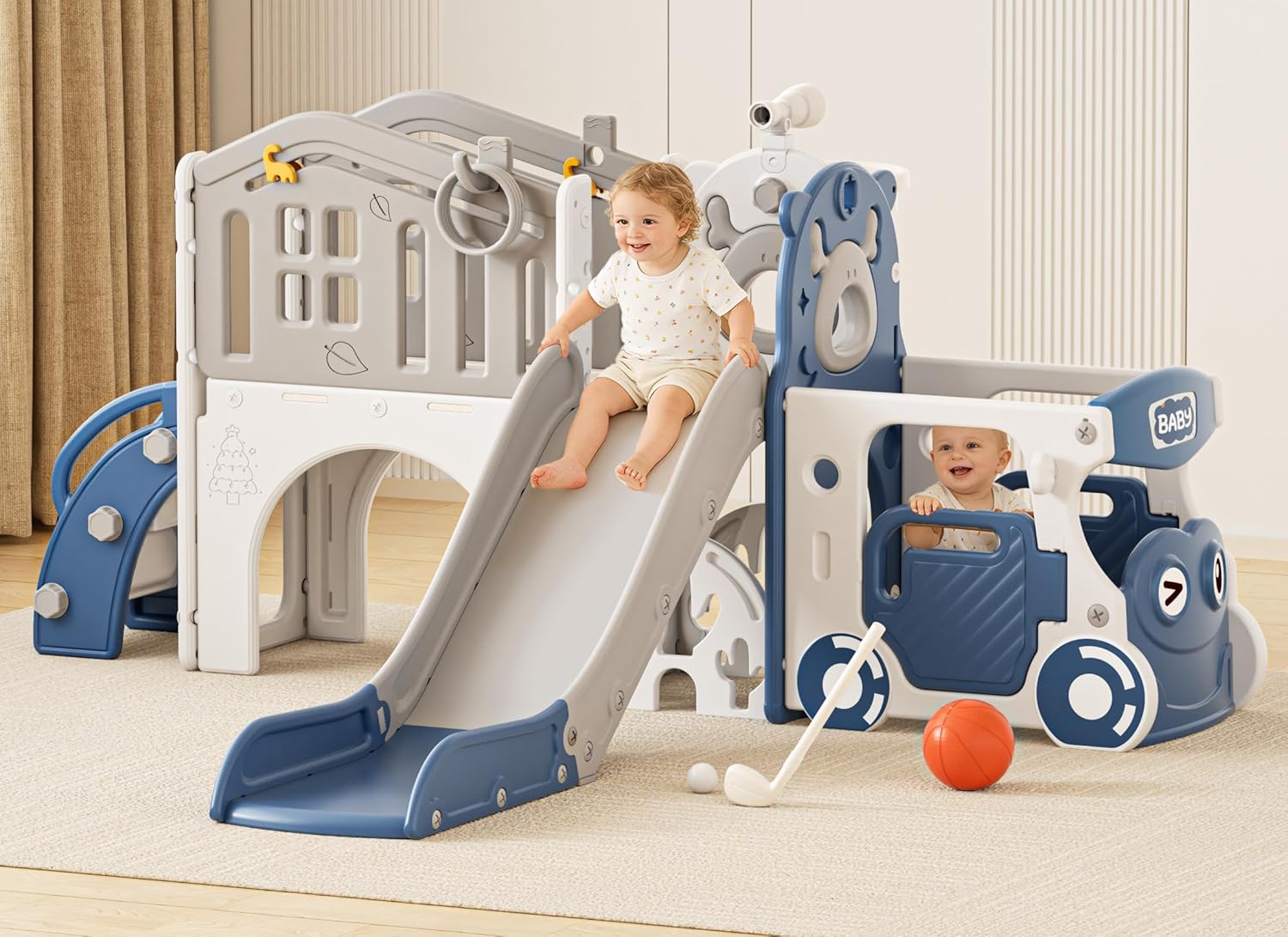 XJD 10 in 1 Toddler Slide, Kids Slide for Toddlers 1-3, Toddler Play Climber Slide Playset with Basketball Hoop and Ball,Toddlers Outdoor Indoor Playground (Blue, Large)