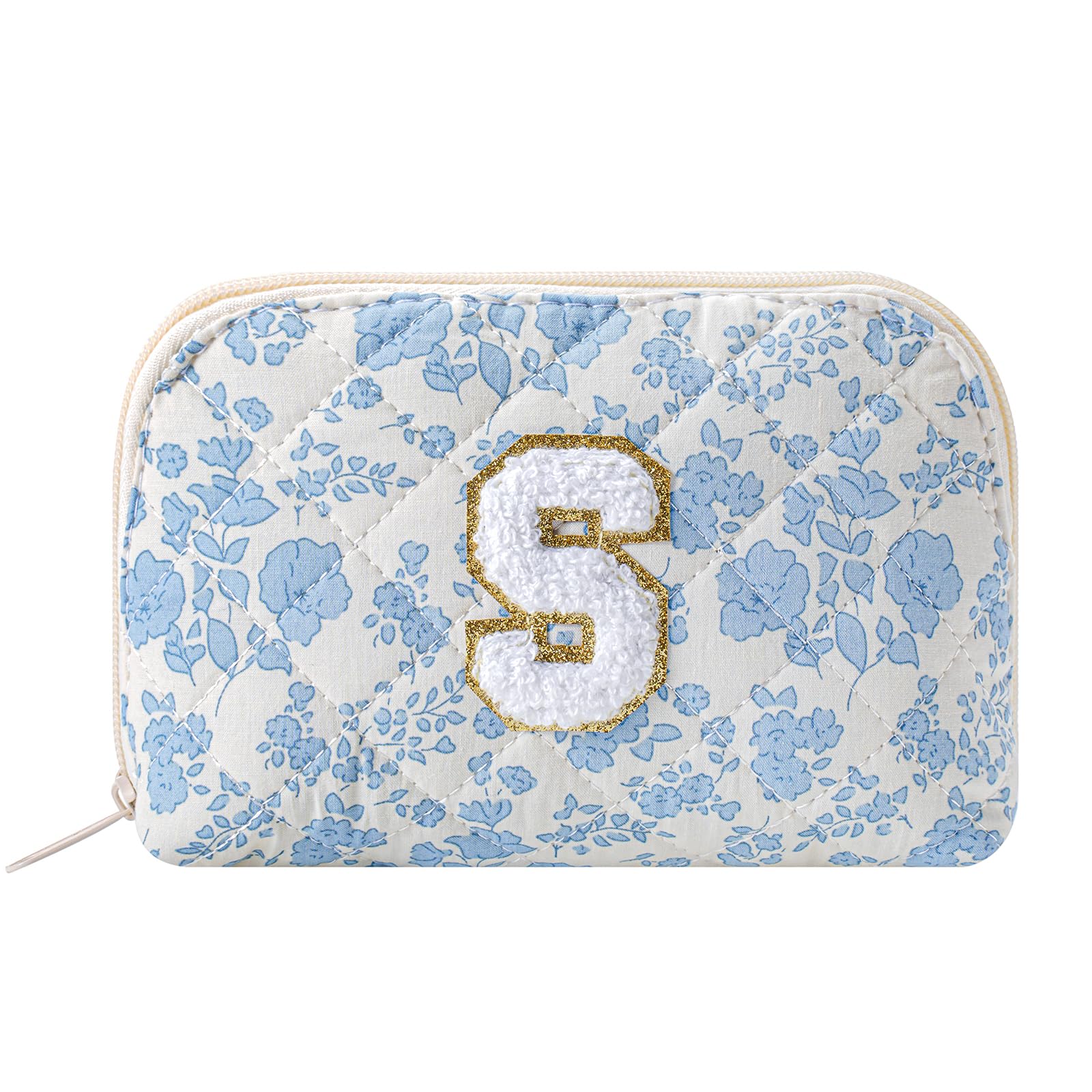 WHHJM Initial Dome Cosmetic Makeup Bag Small Cotton Quilted Makeup Pouch for Purse Cute Blue Floral Travel Toiletry Zipper Pouch (Blue Floral S)