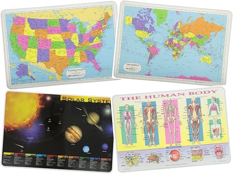 Painless Learning Educational Placemats for Kids USA and World Maps, Solar System, The Human Body Laminated Washable Reversible Activities Set of 4