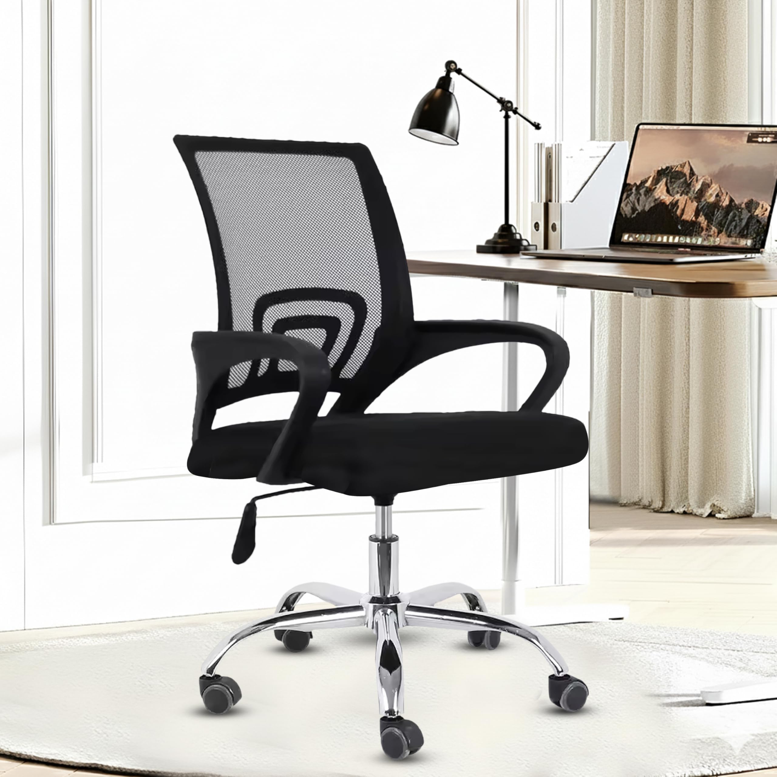Casa Copenhagen Mesh Mid Back Office/Study/Computer/Revolving/Desk Chair for Work from Home -Metal Base, Height Adjustable Seat- Dark Black & Black Handle