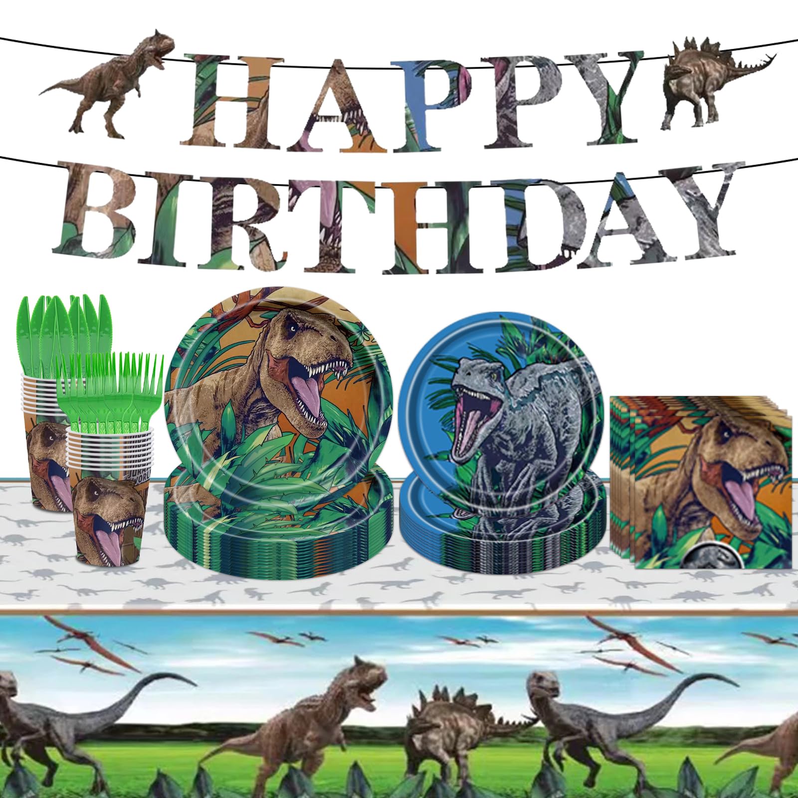 Hicoosee 100 PCS Vaisselle Jetable Fête Dinosaure - Assiettes Gobelets Pailles Serviettes Pour 20 Invités Anniversaire Enfants