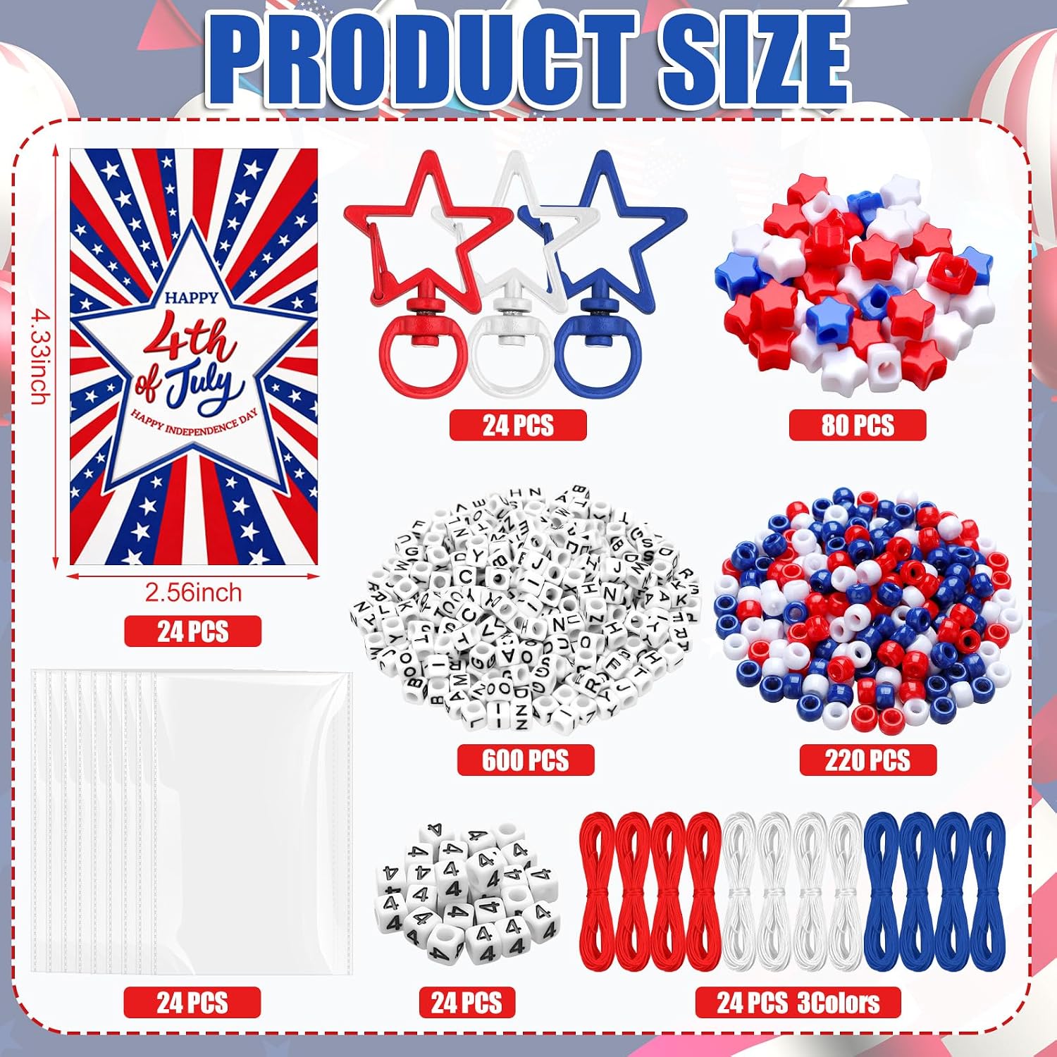 Suncalla 996 Pcs 24 Set 4th of July Crafts Patriotic Keychain Making Kit DIY Red White Blue Beads 250 Anniversary Cards Rope Kit American Flag Jewelry Party Favors for Independence Day Veterans Day