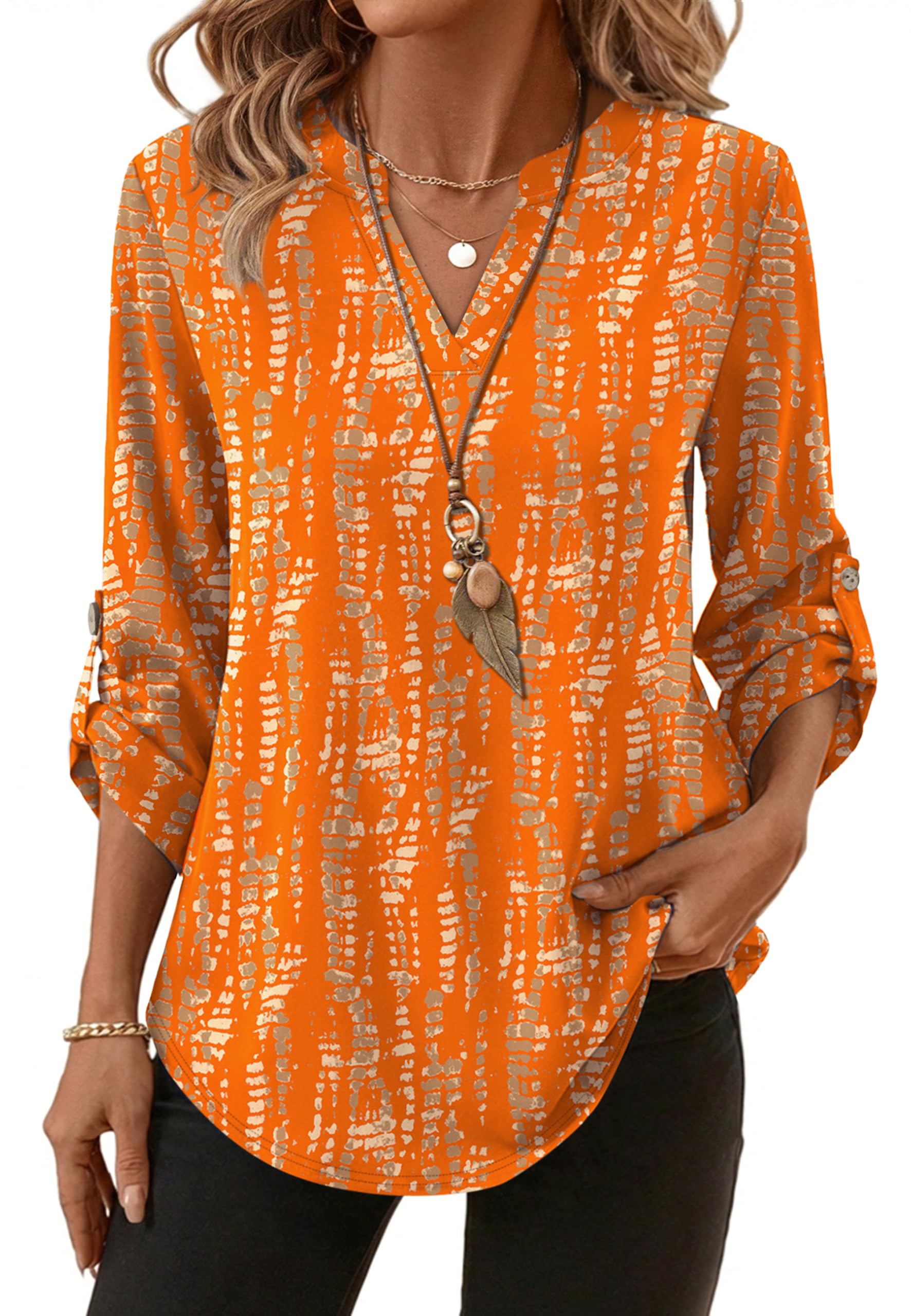 XIEERDUO 3/4 Length Sleeve Womens Tops V Neck T Shirts Both Side Buttons Blouses Business Casual Outfits Loose Fit