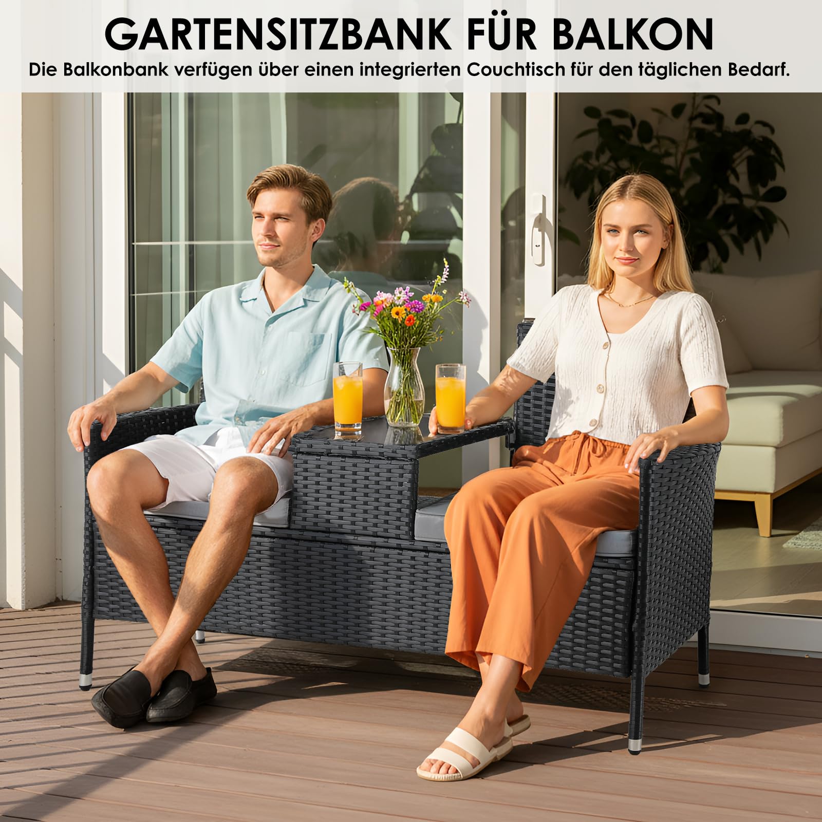 Clevich Polyrattan Gartenbank mit Tisch, Balkonmöbel 2er Set mit Weicher Sitzkissen, Gartenmöbel Set für Kleinen Balkon, Wetterfest, UV-beständig, Outdoor Sitzbank für Terrasse, Garten (Schwarz)