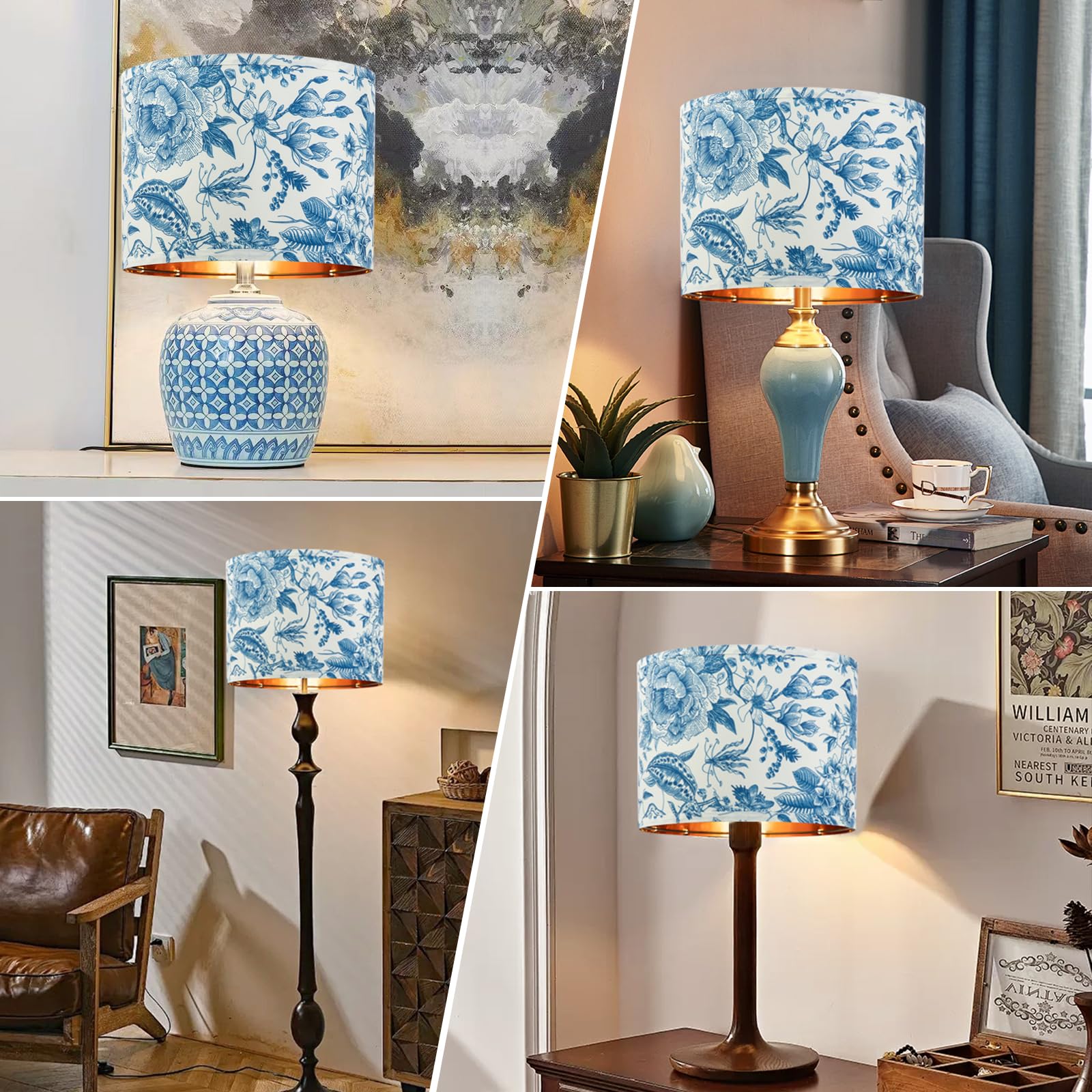 Juego de 2 pantallas de repuesto para lámpara de 30,5 cm con patrón floral azul y blanco para luces de mesa/suelo/pared, marco dorado mediano con soporte de arpa, fácil montaje