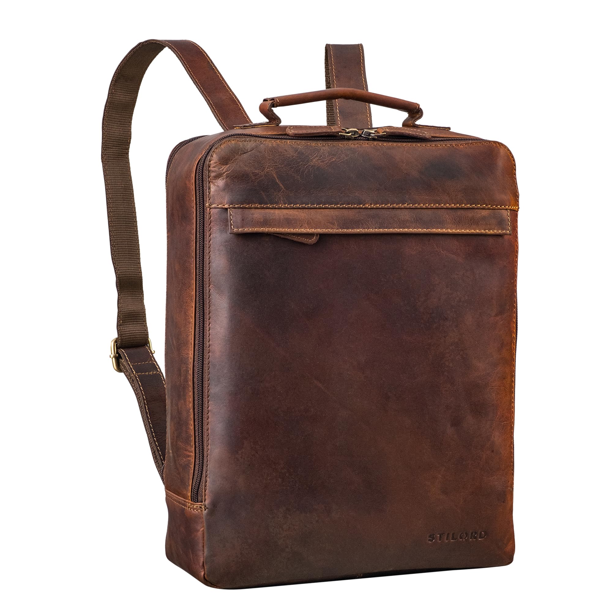 STILORD "Claudio" Zaino Cuoio per Uomo e Donna Medio con Comparto per Laptop 13-14 Pollici Backpack porta PC Zaini per Studenti Daypack Zaino da Lavoro in Vera Pelle Colore:cognac marrone scuro