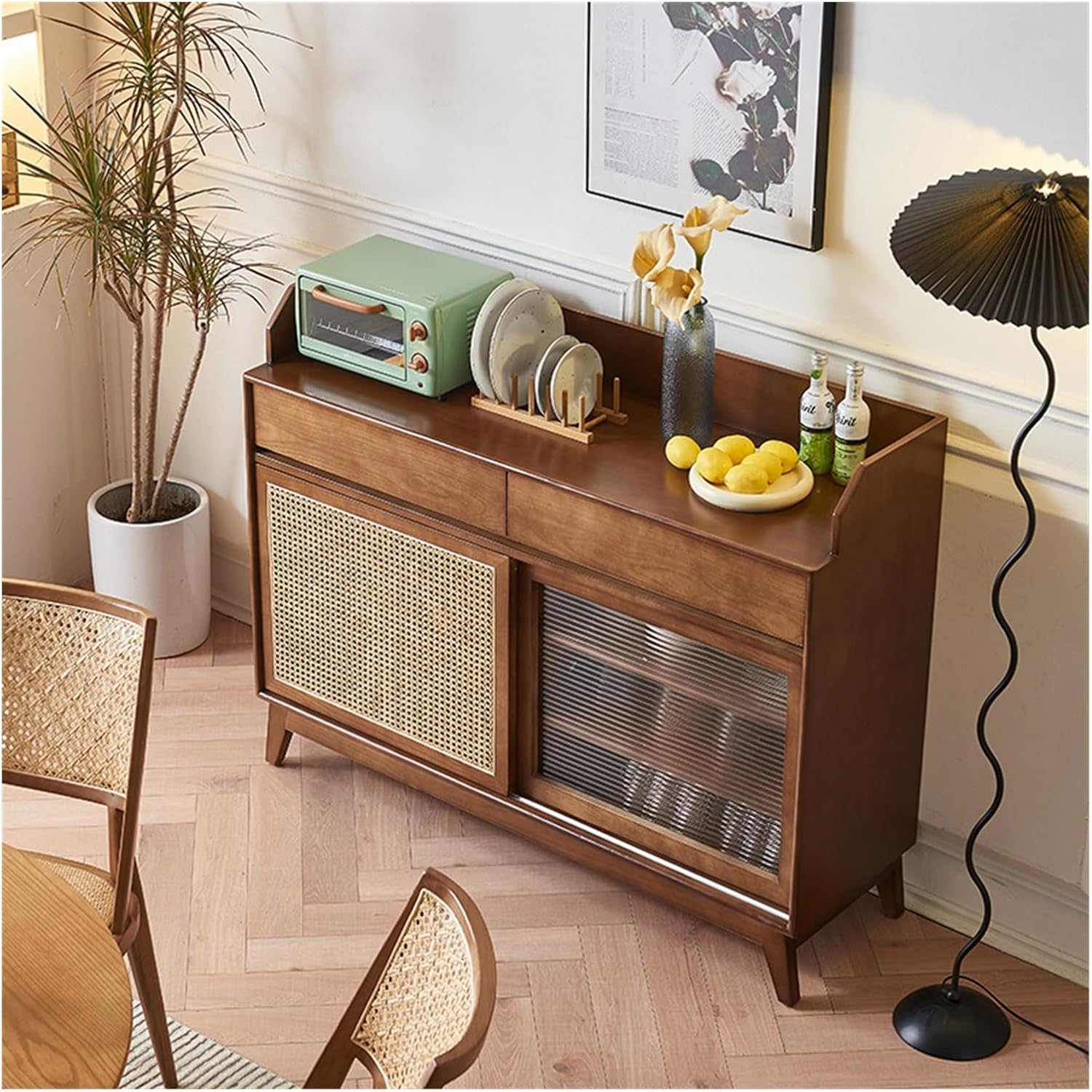 Buffet Cabinet Solid Rattan Sideboard Ash Wood Home Entryway Double Door Storage Cabinet Kitchen Cabinet
