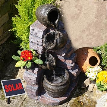 SOLAR WATER FEATURE WATERFALL STREAM CASCADE FOUNTAIN FOR BIRD BATH GARDEN HOME BALCONY ORNAMENTAL FOUNTAIN WITH LIGHT AND LED BEAUTIFUL ITEM STONE DESIGN OUTDOOR FOUNTAIN