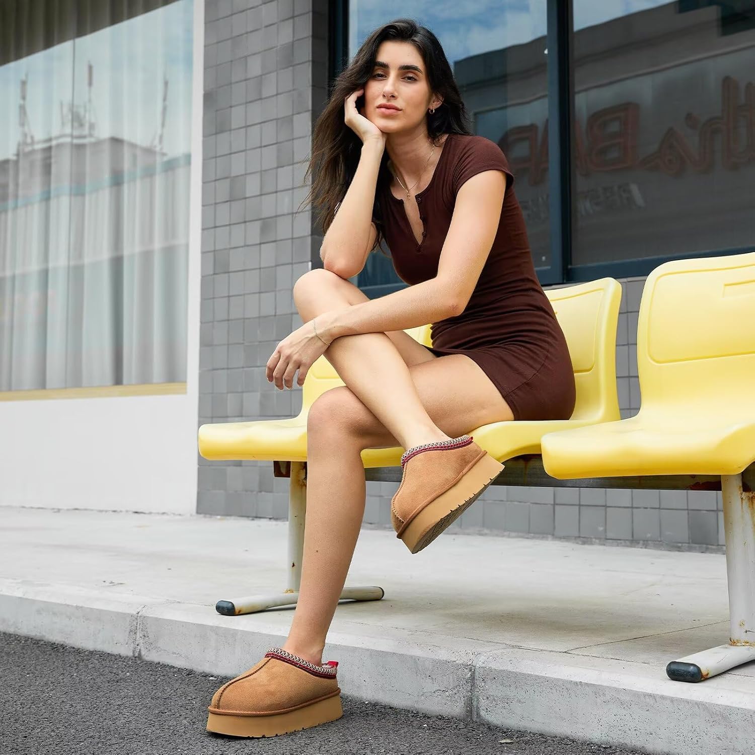 OOW Genuine Suede Platform Slippers for Women with Memory Foam Fuzzy House Shoes for Indoor Outdoor - Image 2