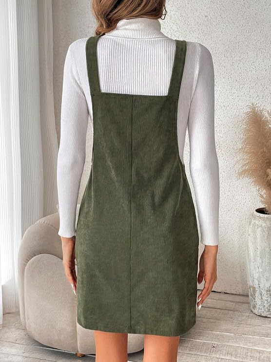 WDIRARA Women's Textured Corduroy Overall Dress Sleeveless Square Neck Casual Mini Dresses with Pockets