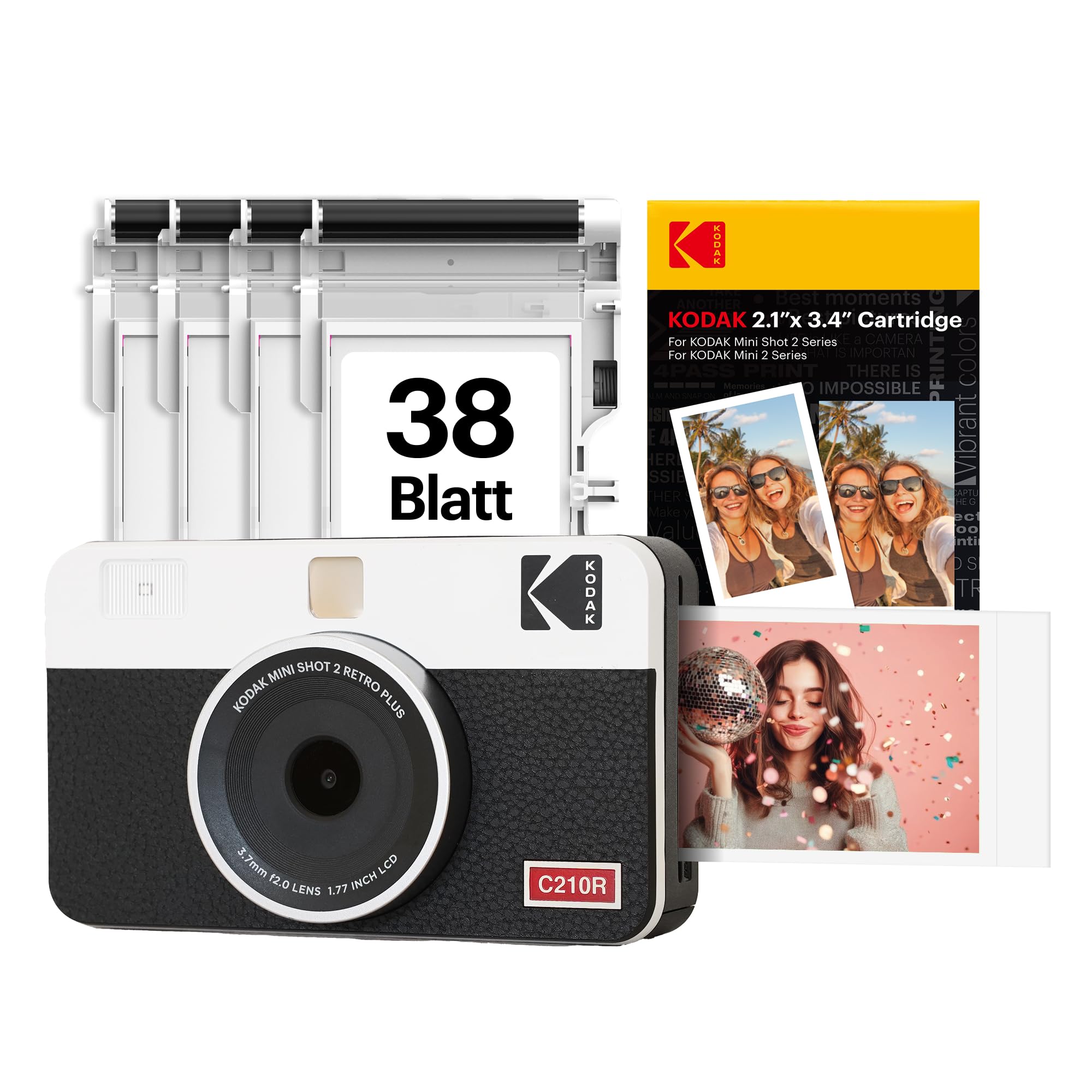 Kodak Mini Shot 2 Retro 4PASS Sofortbildkamera 2-in-1, 5,3×8,6 cm Sofortdrucke, 38-Blatt-Bundle, Weiß