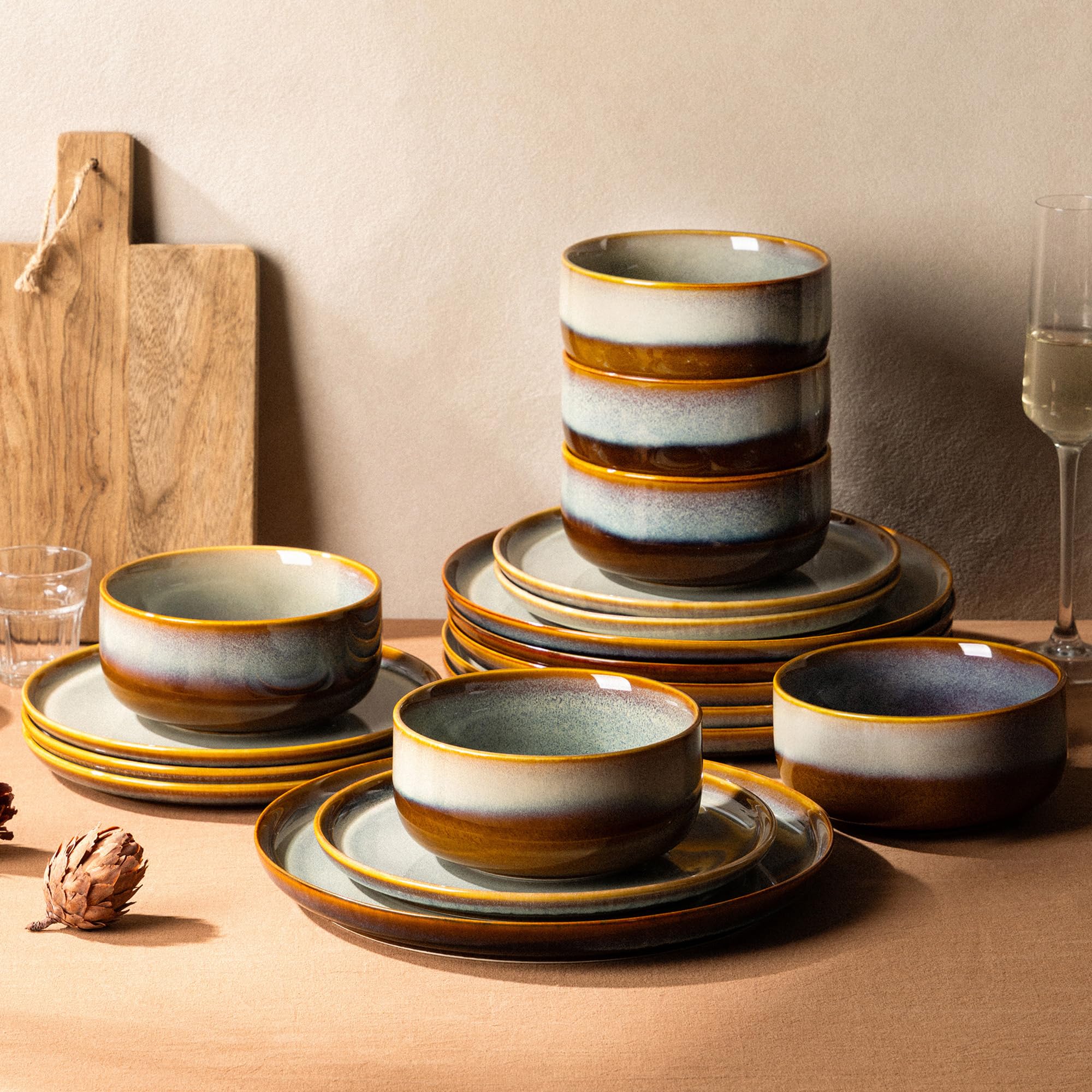 Ceramic Dinnerware Set for 6, 18-Piece Plates and Bowls Set | Handmade Reactive Glaze Dish Set, Scratch Resistant, Oven &amp; Microwave &amp; Dishwasher Safe, Dusk Blue
