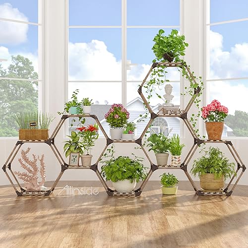 Allinside Soporte hexagonal para plantas de interior, estante de madera para plantas al aire libre, 11 escaleras, soporte para plantas
