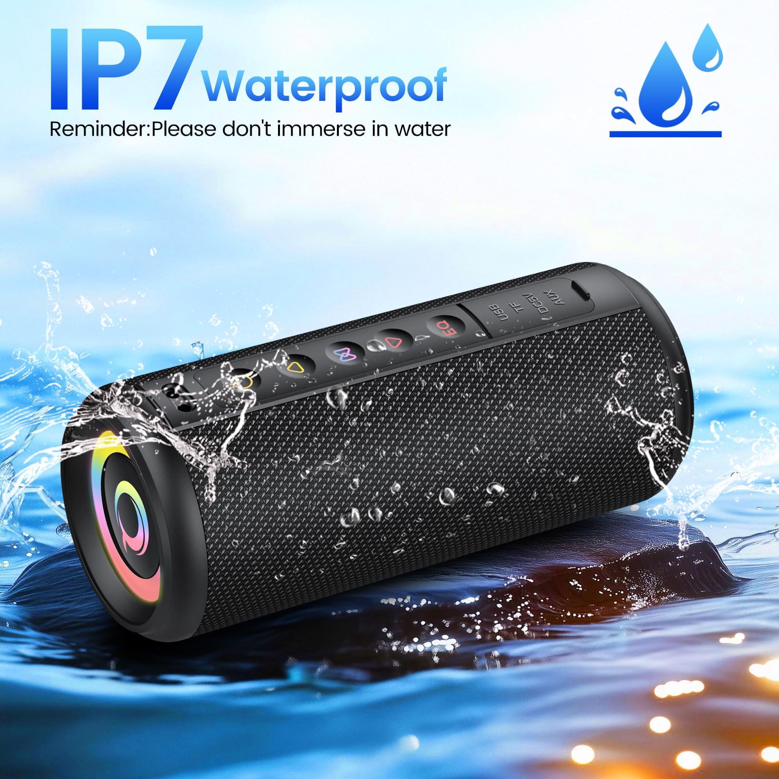 Cassa Bluetooth Portatile Potente 15W Impermeabile Altoparlante Abbinamento TWS Speaker Bluetooth 5.3 15 Ore Distanza di Connessione di 30m Luce LED AUX e TF per Viaggi, All'aperto e Feste