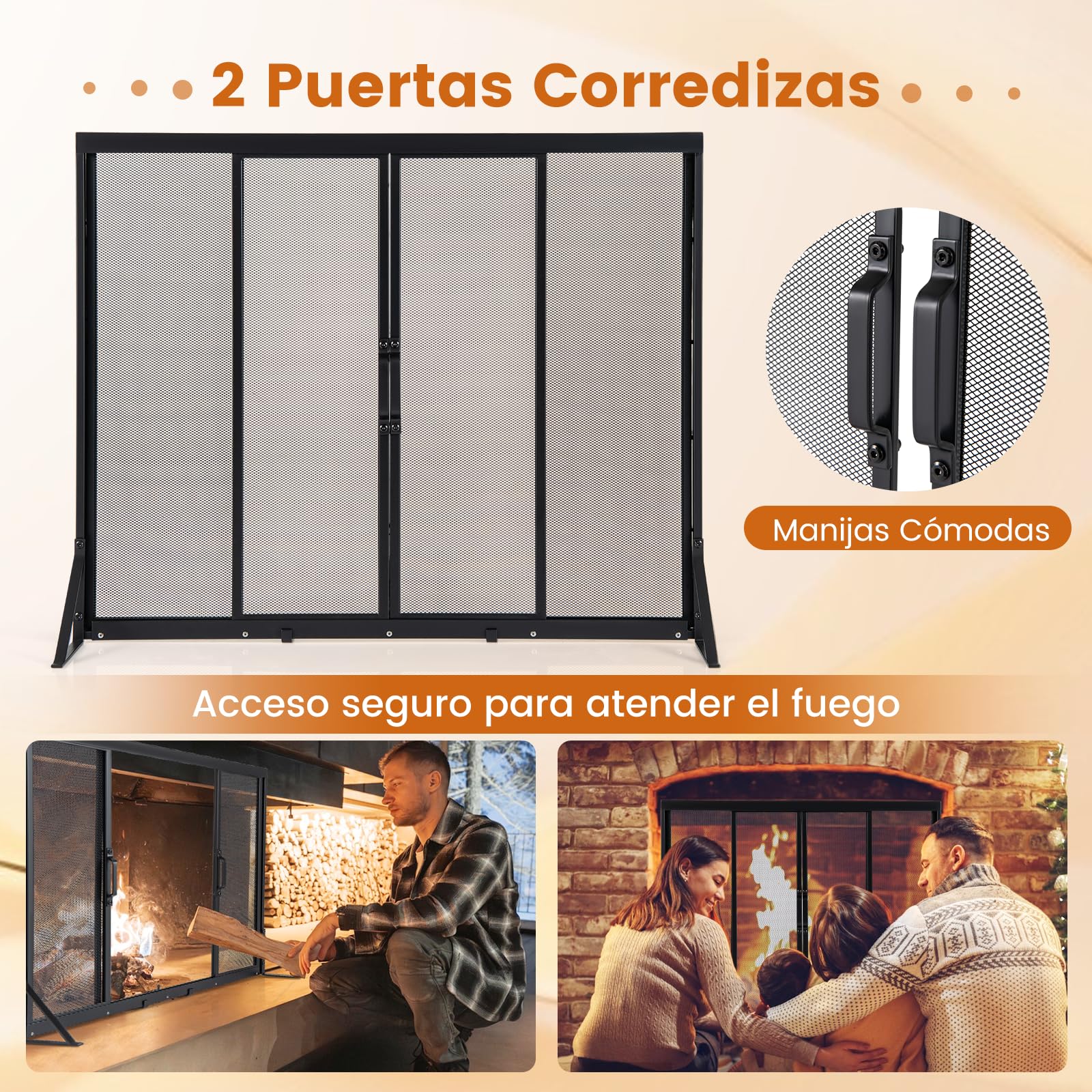 COSTWAY Protector de Chimenea con Puertas Corredizas, Salvachispas para Chimenea de Seguridad con Marco de Soporte Triangular, Malla Metálica, Pantalla para Chimenea de 4 Paneles en Hogar (96 x 79 cm)