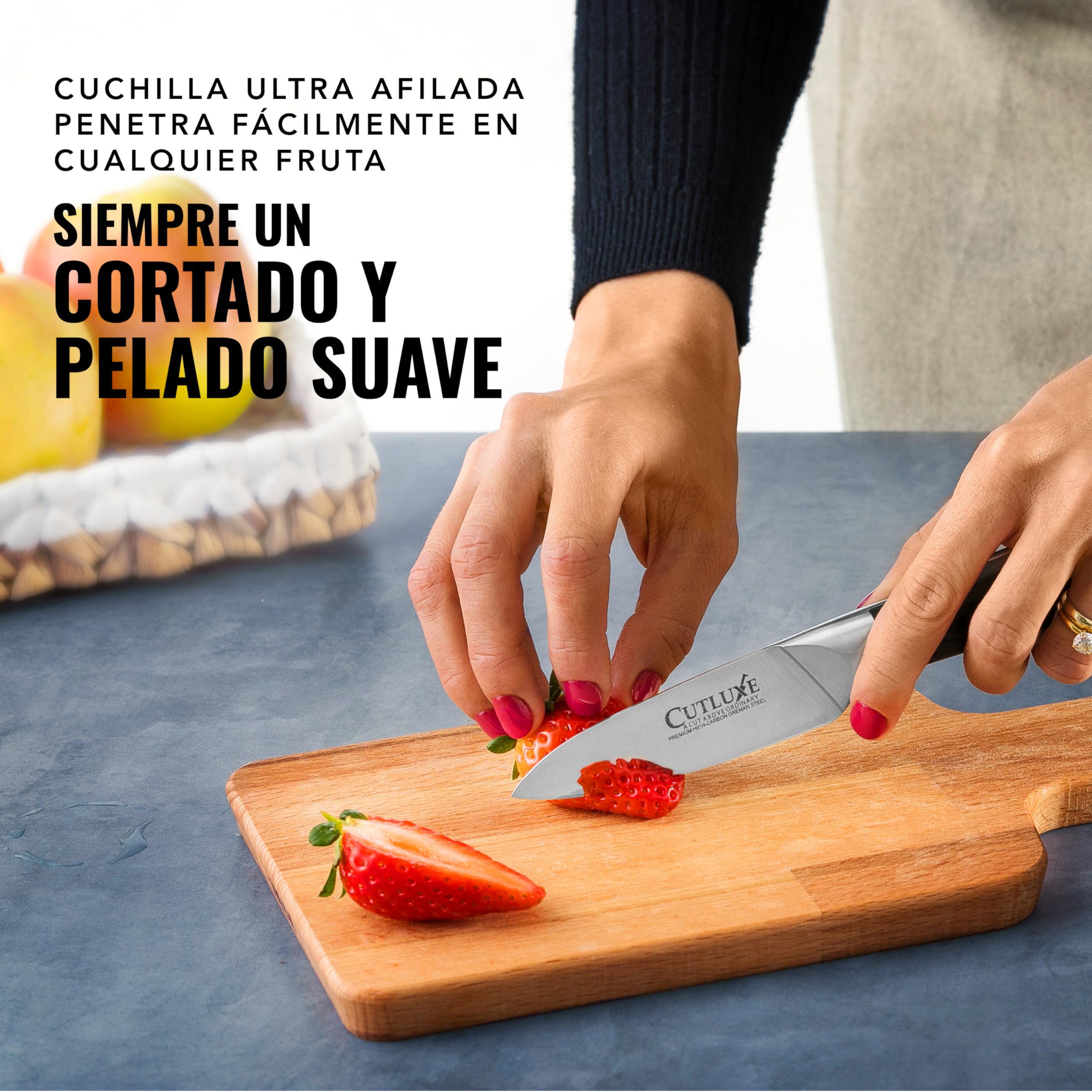 Cutluxe Cuchillo Pelar y Puntilla 9cm para Fruta y Verdura, Acero Alemán | Espiga completa con mango de Pakkawood triple remachado; filo afilado a mano; más de 56 HRC; garantía de por vida