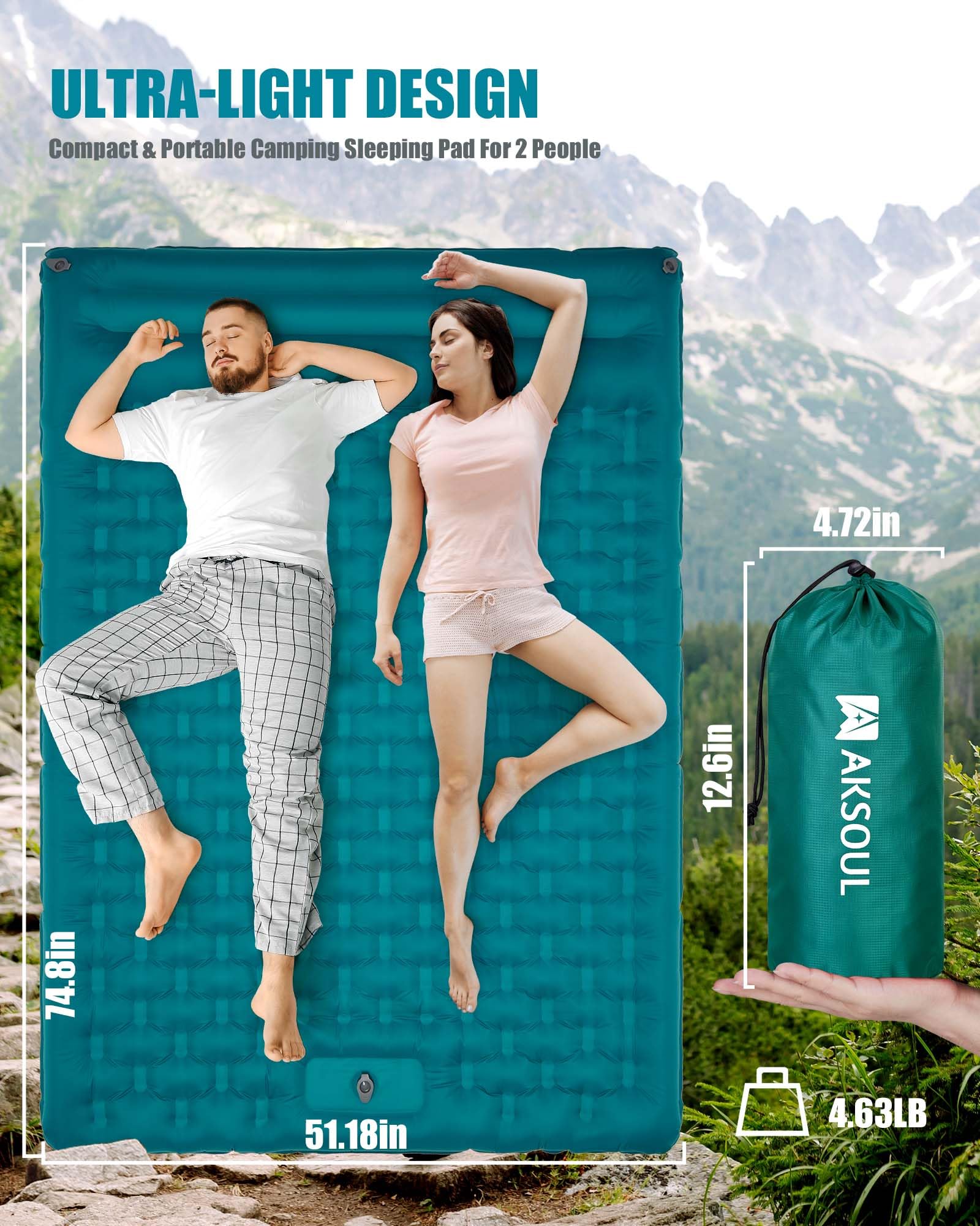 AKSOUL Colchoneta hinchable para acampar: esterilla autoinflable extra gruesa para dos personas con bomba de pie integrada, colchón de aire ligero y ultraancho con cojín para camping, mochilero