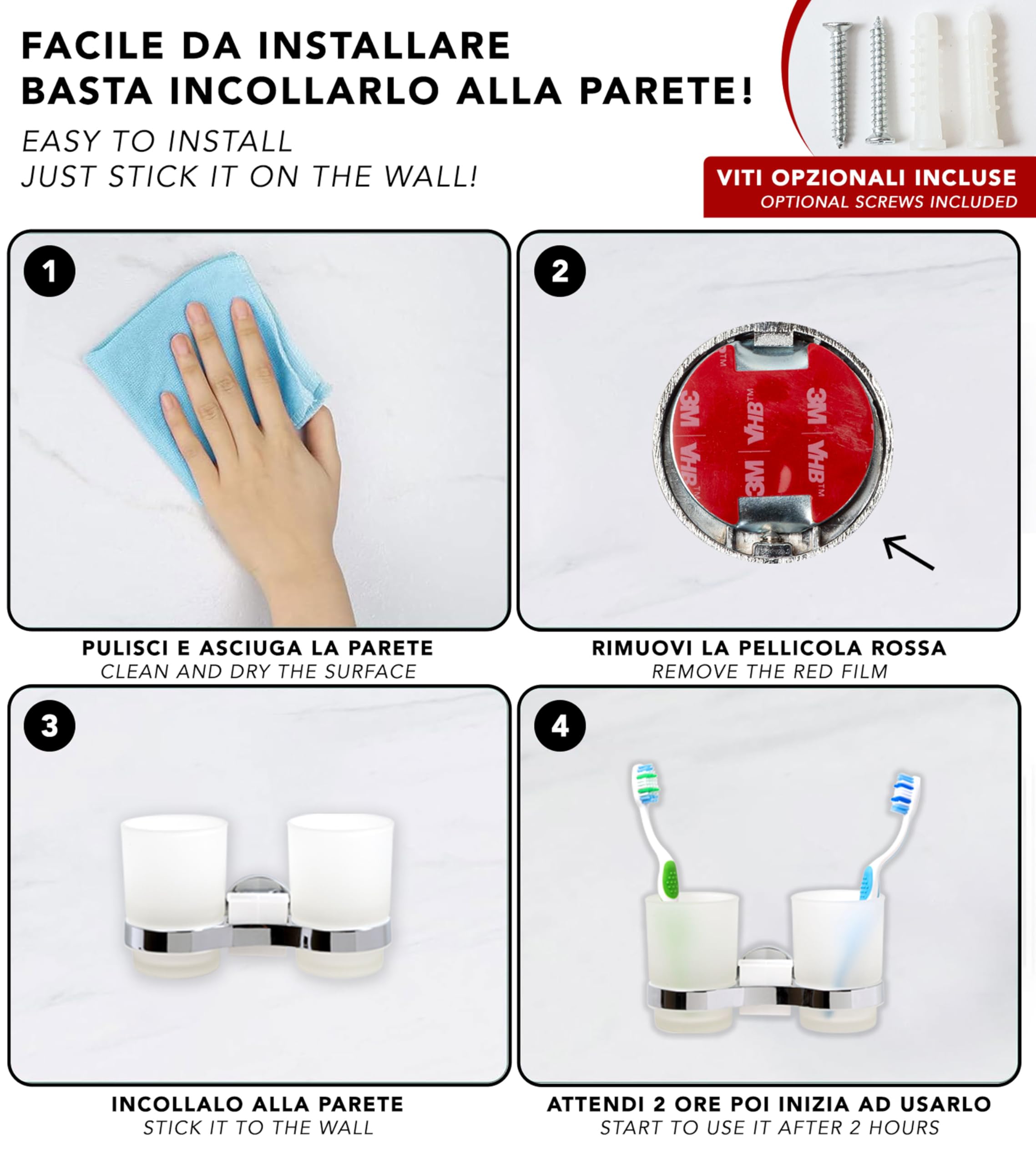 IPEA Samoprzylepny uchwyt na szczoteczkę do zębów z podwójną szklanką - bez wiercenia - nowoczesny design - stylowy uchwyt na szczoteczki do zębów i pastę do zębów na ścianę przyklejanie w łazience