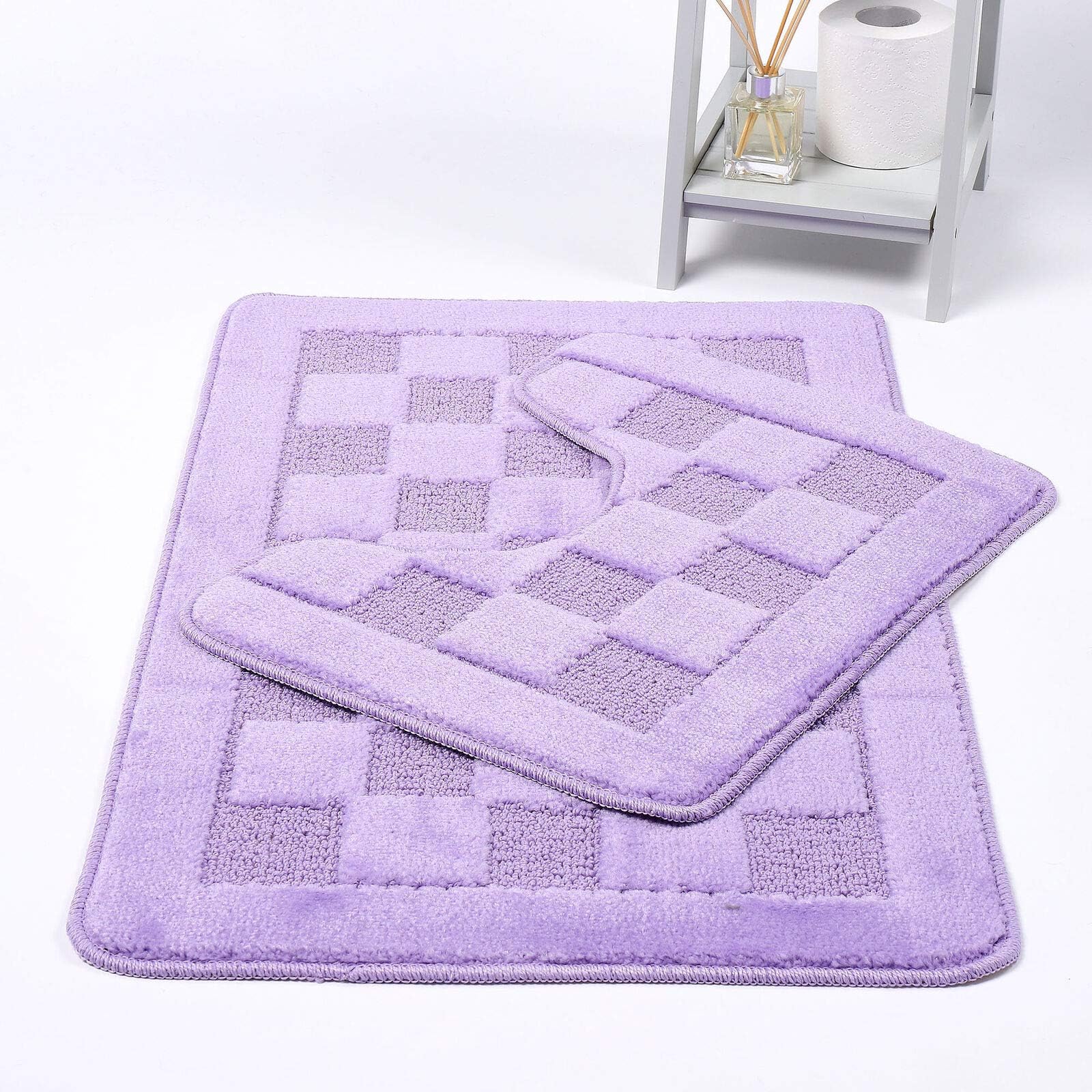 HOMES-LINEN Squares 2 Piece Bath Mat & Pedestal Set Non Slip Extra Absorbent Square Bathroom Toilet Rug Bath Mats Set (Lilac)