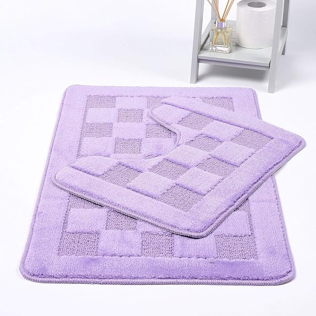 Night Zone Squares 2 Piece Bath Mat & Pedestal Set Non Slip Extra Absorbent Bathroom Toilet Rug Bath Mats Set (Lilac)
