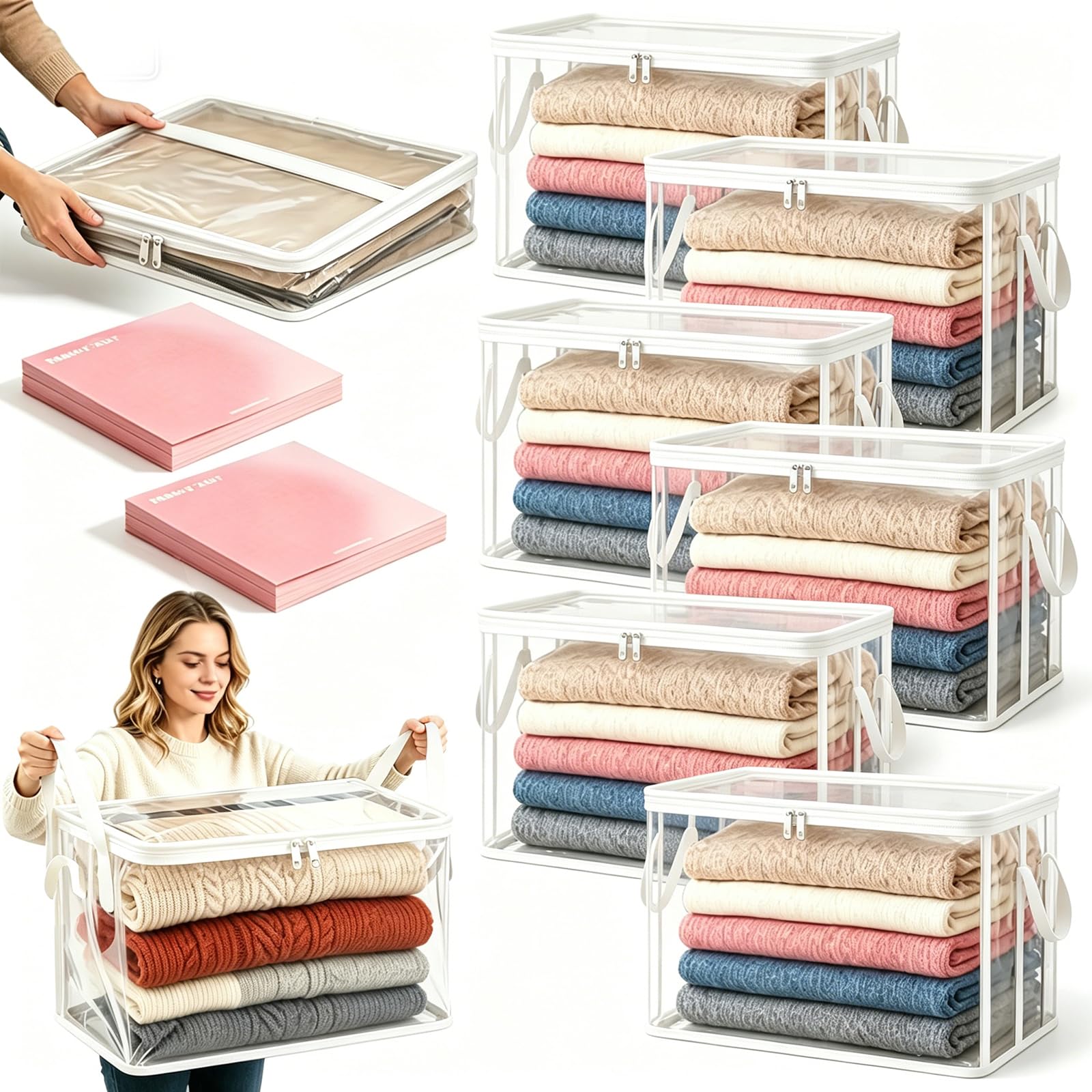 Large Heavy-Duty Thick Plastic Clear Storage Bag for Clothes, Moving & Storage, Clear Stackable Storage Bins with Reinforced Handles & Zipper, Packing Boxes for College Moving, Books, Blankets (A2,6)