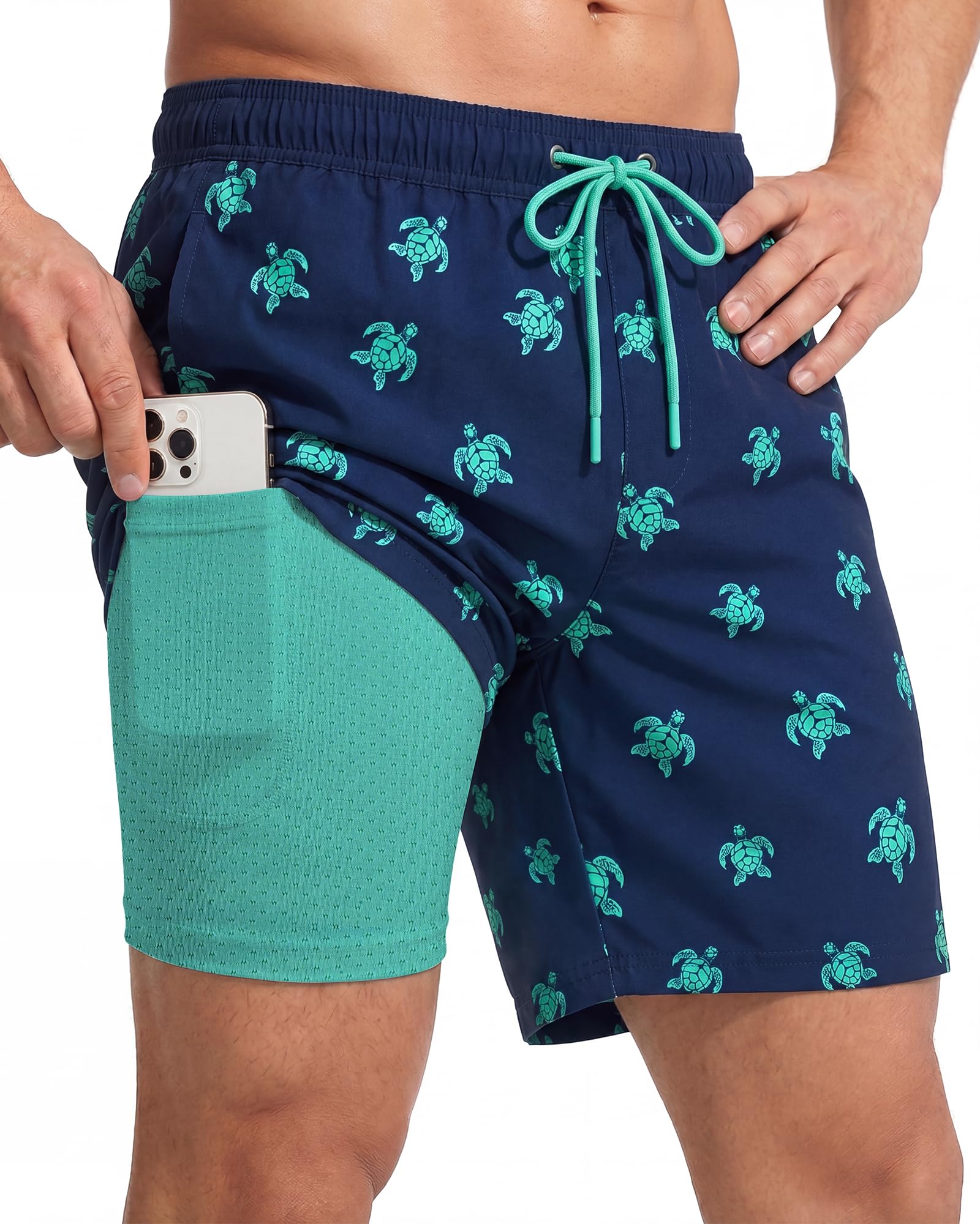 7 Inch 7in Men Swim Trunks mid-thigh Compression Liner Quick Dry Drawstring Male Swimwear Swimsuit Swimtrunks Boardshorts Bathing Suit Fair Beach Water Shorts Zipper Pocket Inseam Harbor Turtle Navy