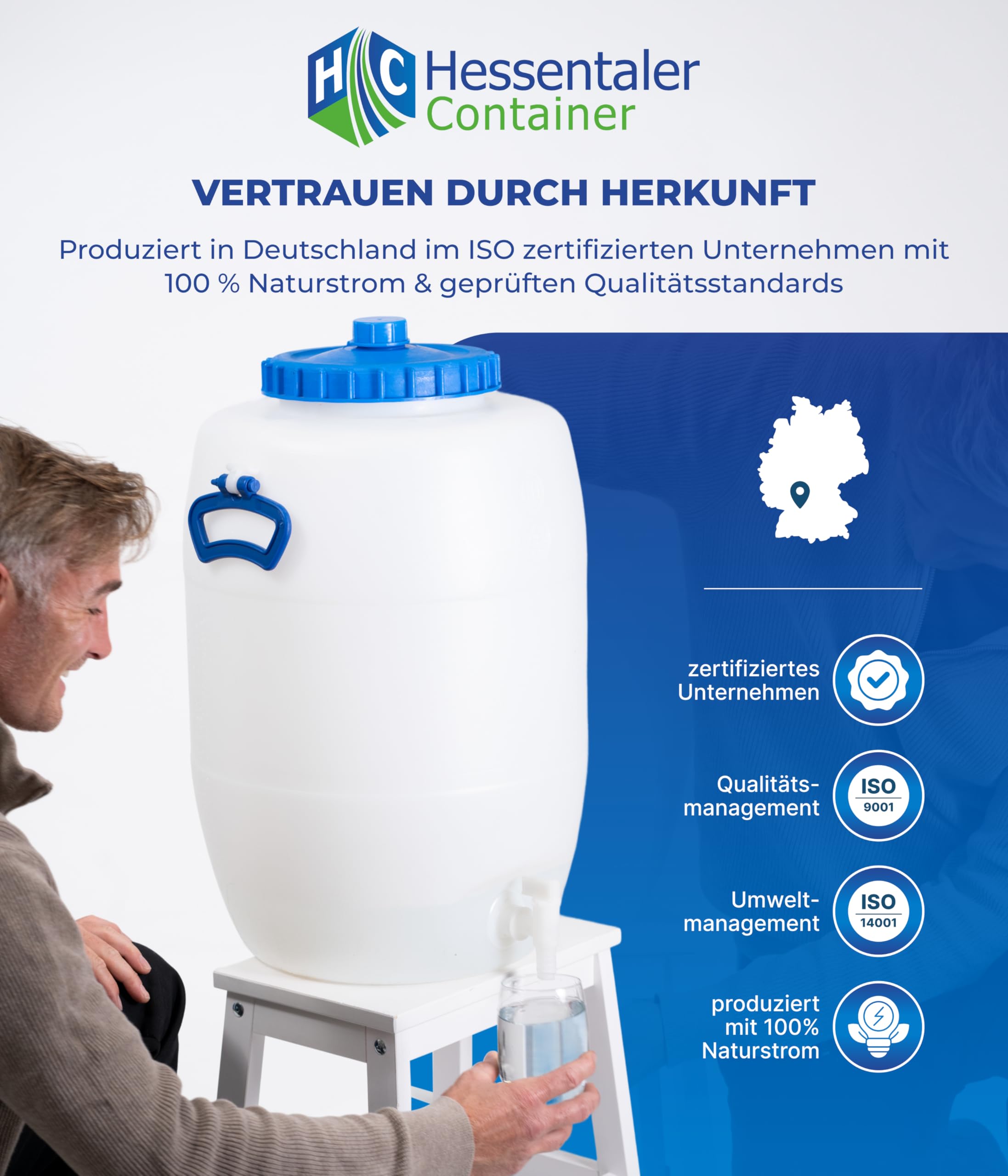 Hessentaler Container® Getränkefass 60L – Lebensmittelechtes Weithalsfass mit Deckel & Hahn – Made in Germany – extrem stabil, chemikalienbeständig, leicht zu reinigen – ideal für Most, Wein & Wasser